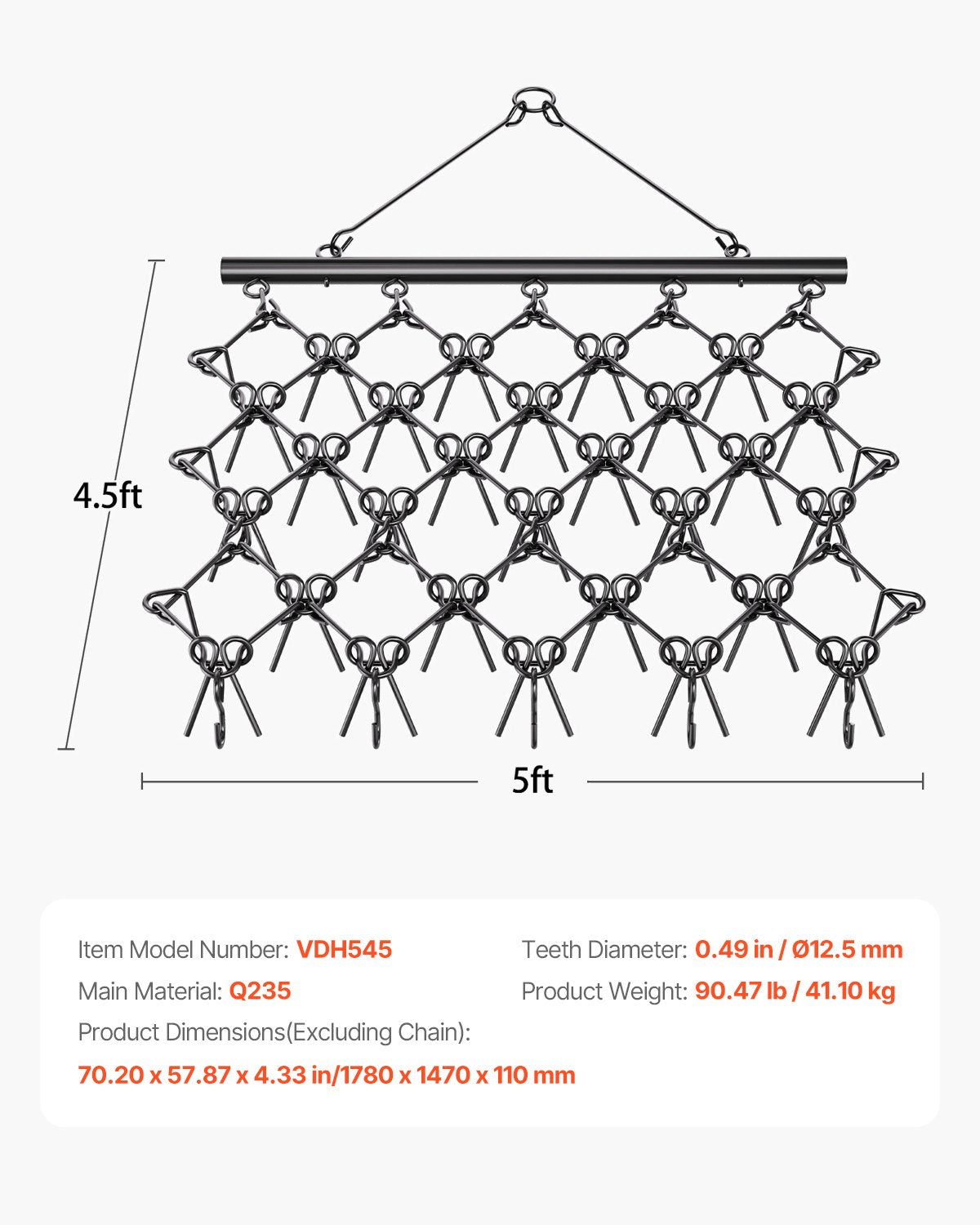 Dragharv, 5 x 4,5 fot hållbar kedjeharv med 60 vassa tänder, lämplig för ATV UTV-traktorer, idealisk för jordbearbetning, sådd, jämning av landskap och underhåll av grusuppfarter på gårdsplanen.