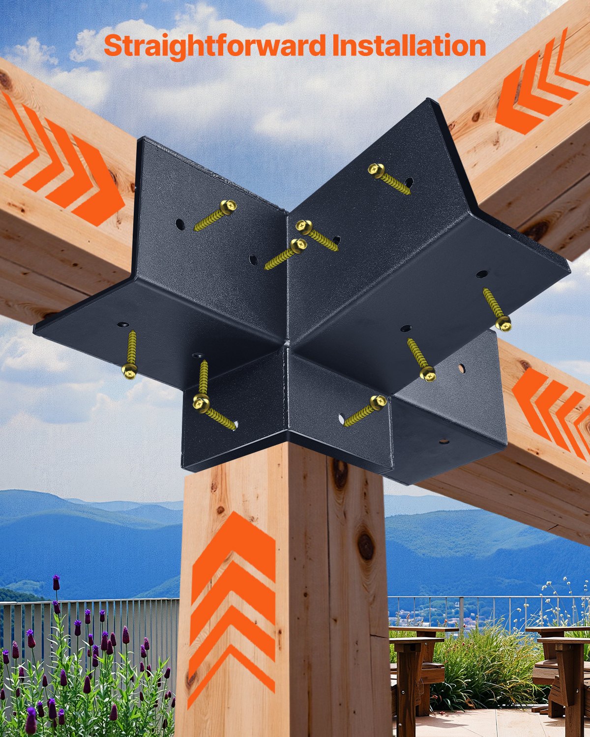 Pergola-kit, 4x4 tums 4-vägs snedställ för 92 x 92 mm träbalkar i verklig storlek, pergolafäste i kolstål med stolpbas och väggmonterad bas, för utomhuspergolor, paviljonger, skjul