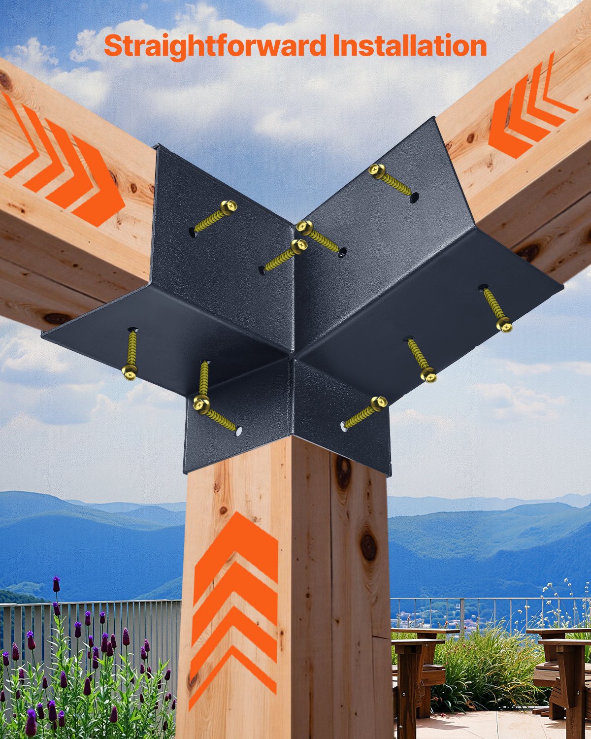 Pergola Kit, 4x4 Inch 3-Way Slanted Brackets for 92 x 92 mm Wood Beams in Actual Size, 2-Pack Pergola Brackets with 2 Post Bases and 2 Wall Mount Bases, for Outdoor Pergolas, Gazebos, Sheds