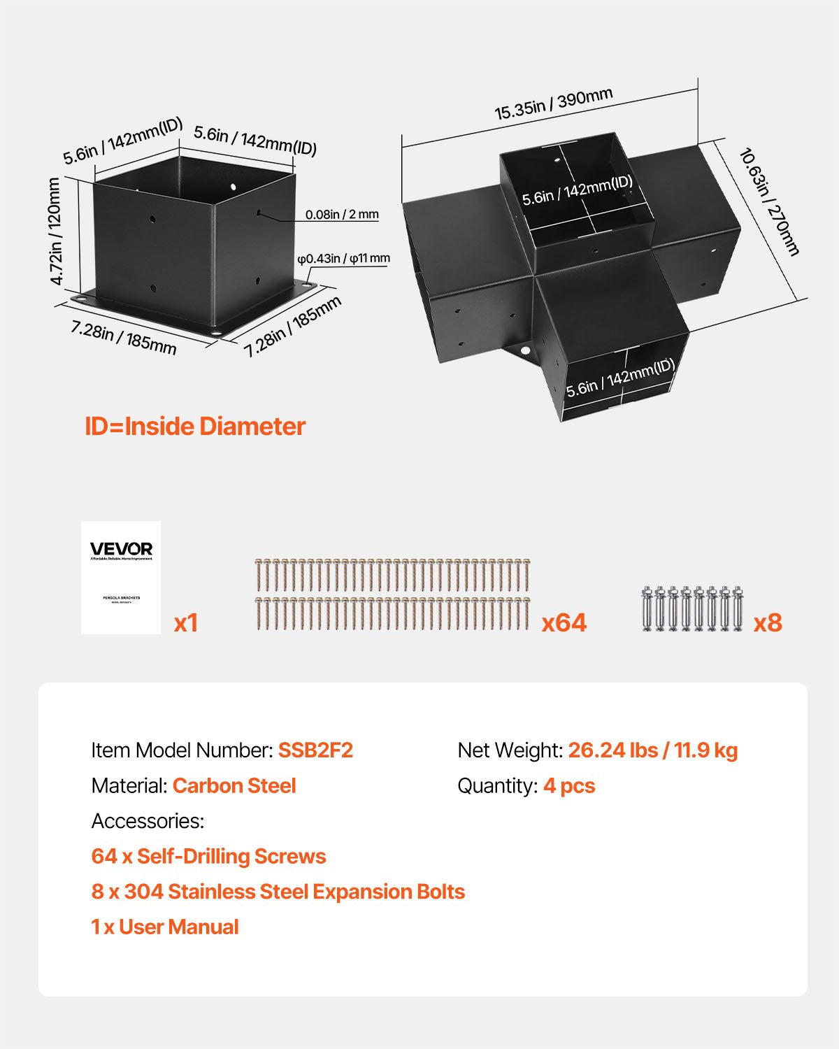 Pergola Bracket Kit, 6x6 Inch (Inner Size 142 x 142 mm), 2 Pcs 4-Way Heavy Duty Corner Bracket Woodworks DIY Post Base Kit, Easy Installation Wooden Beams for Gazebos, Patio Pergolas, Log Cabin