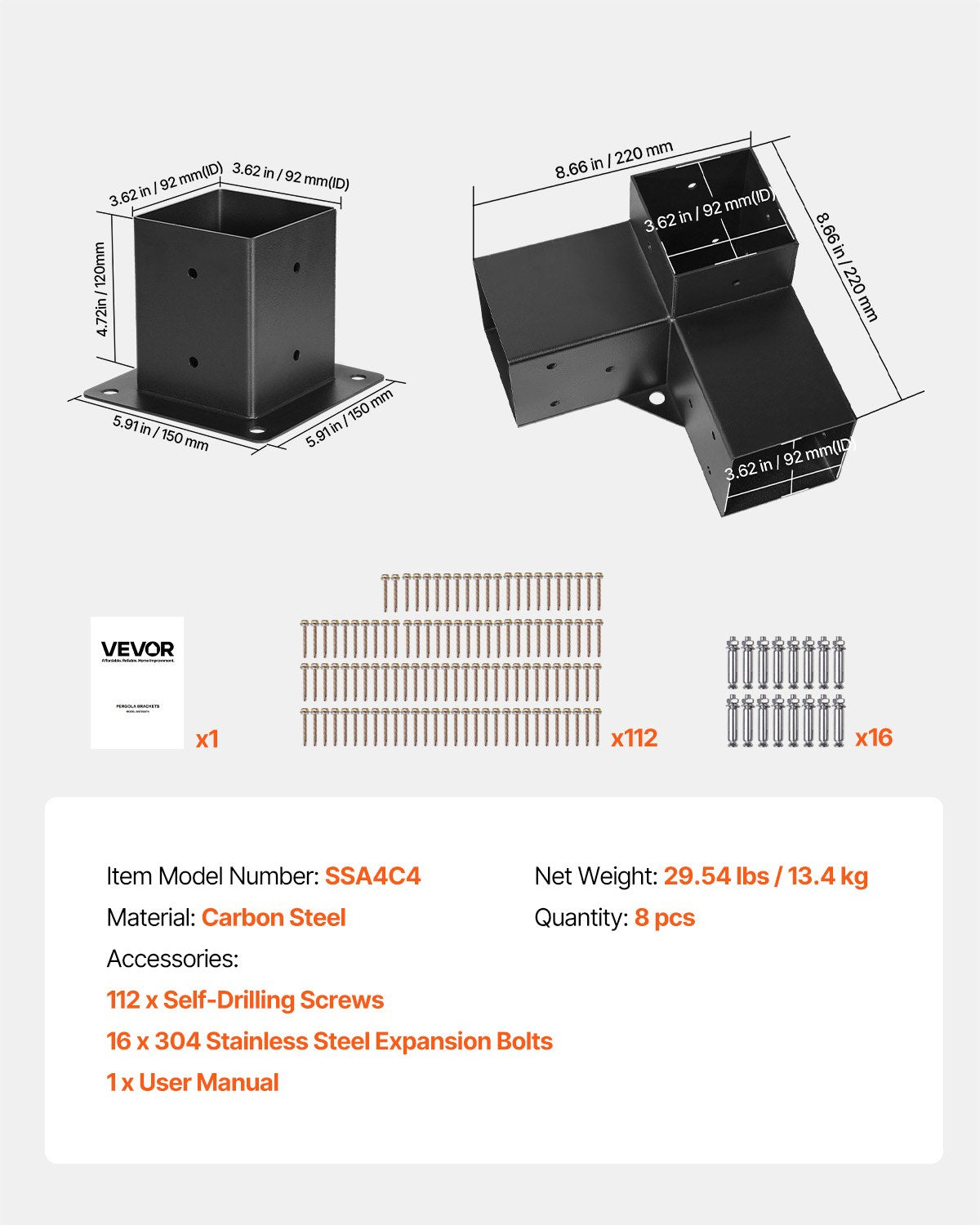 Pergola Bracket Kit, 4x4 Inch (Inner Size 92 x 92 mm), 4 Pcs 3-Way Heavy Duty Corner Bracket Woodworks DIY Post Base Kit, Easy Installation Wooden Beams for Gazebos, Patio Pergolas, Log Cabin