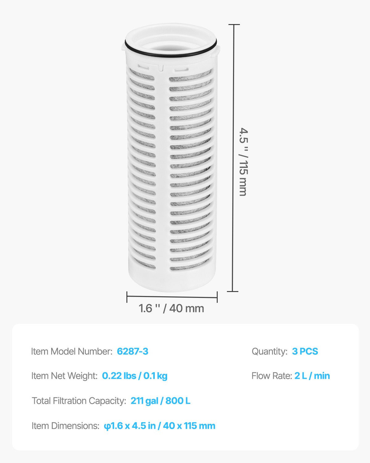 Pitcher Water Filter Replacements, 3-pack Water Filters for Pitchers and Dispensers, No BPA, Last 3 Months or 211 Gallons, Reduce Chlorine, Rust, Odors, PFOA/PFOS, for Water Filter Pitcher 6287
