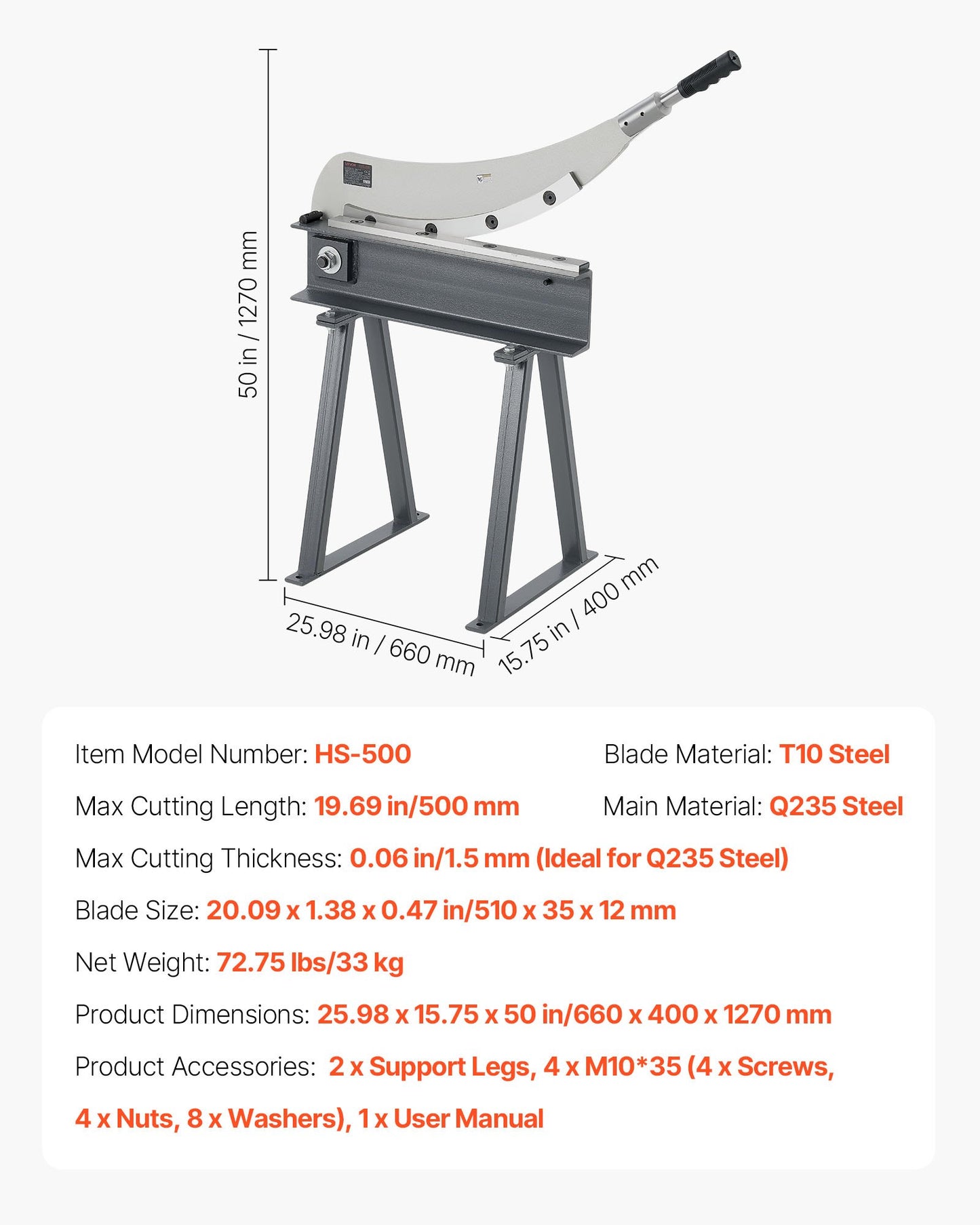 Guillotine Shear, 500 mm Bed Width Benchtop Cutter, Manual Hand Plate Shear for Metal Sheet Processing, with Q235 Material, High Precision, Stand, for PCB, Aluminum, Steel, Copper, Plastic
