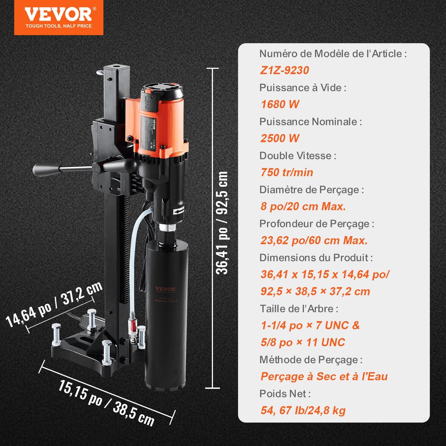 Wet&Dry Diamond Core Drill Machine Concrete Core Drill Rig 3200W 750RPM