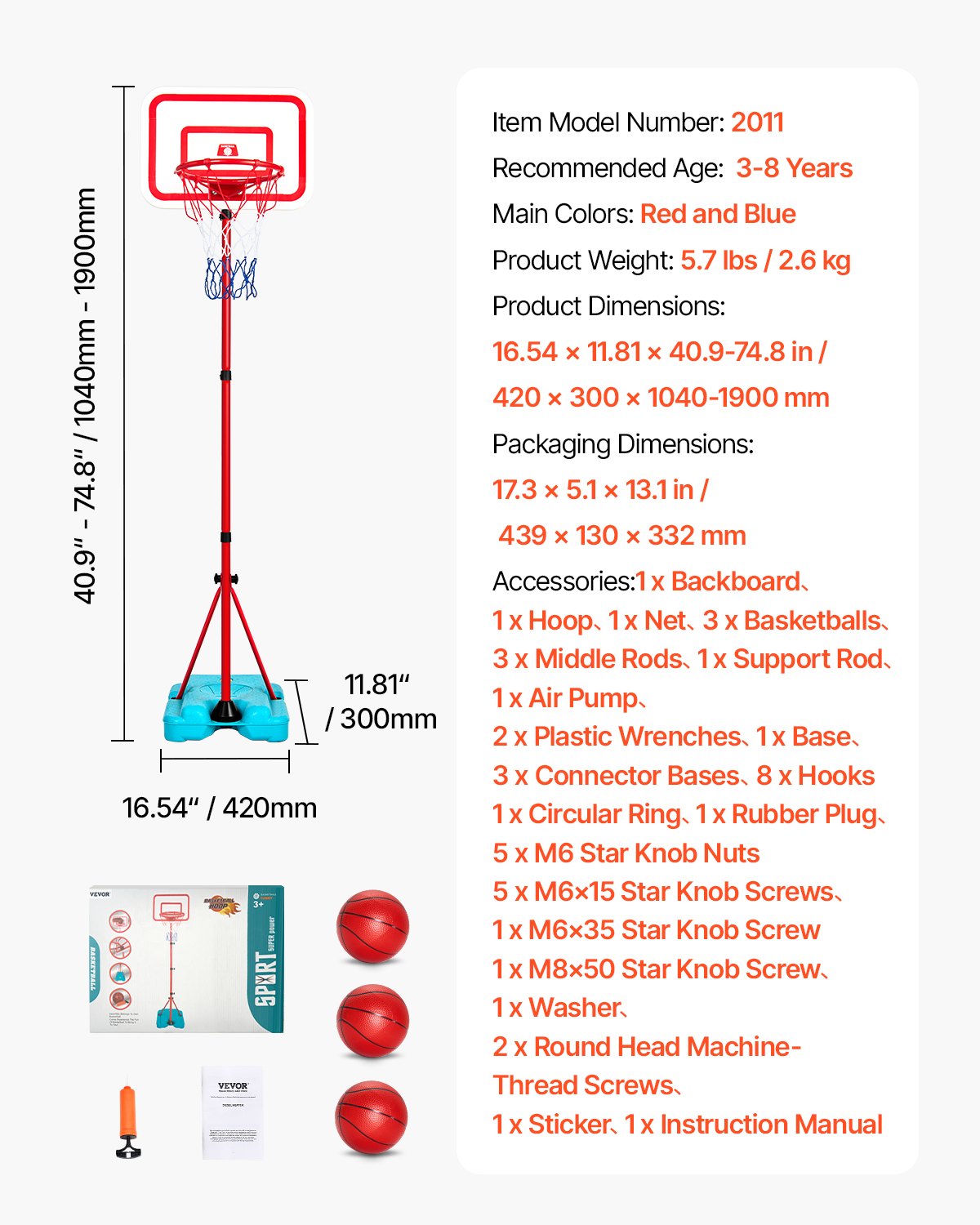 Kids Basketball Hoop, Height Adjustable, Portable Basketball Court with Fillable Base, Indoor and Outdoor Backyard Sport Game, Toddler Basketball Toys for Kids 3-8 Years Old, Boys and Girls