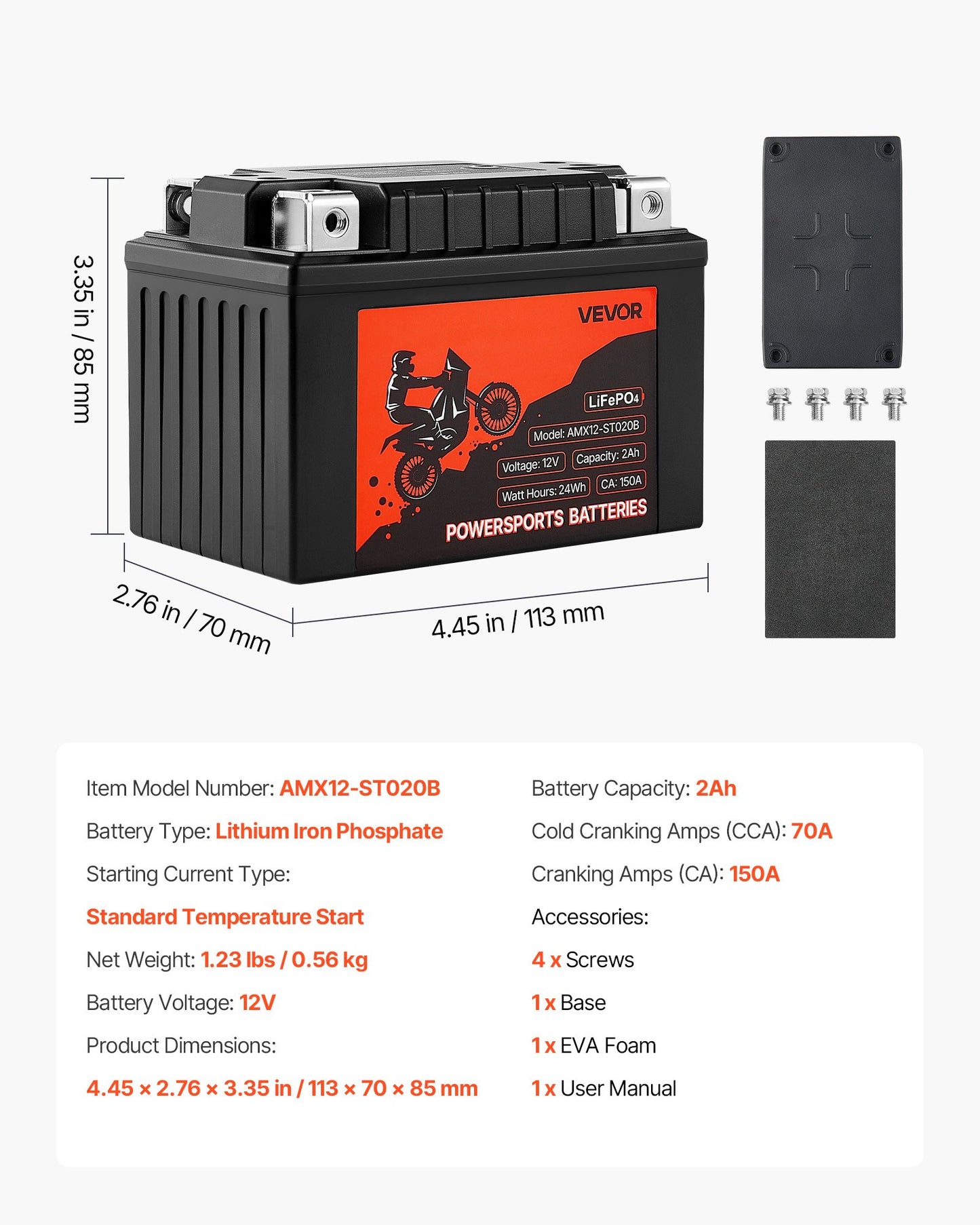 Motorcycle Battery, 12 Volt 2Ah, LiFePO4 Lithium Pre-Charged Powersports Battery, Maintenance Free & High Performance, Compatible with ATV, Motorcycle, Jet Skis, Scooter, UTV, and More