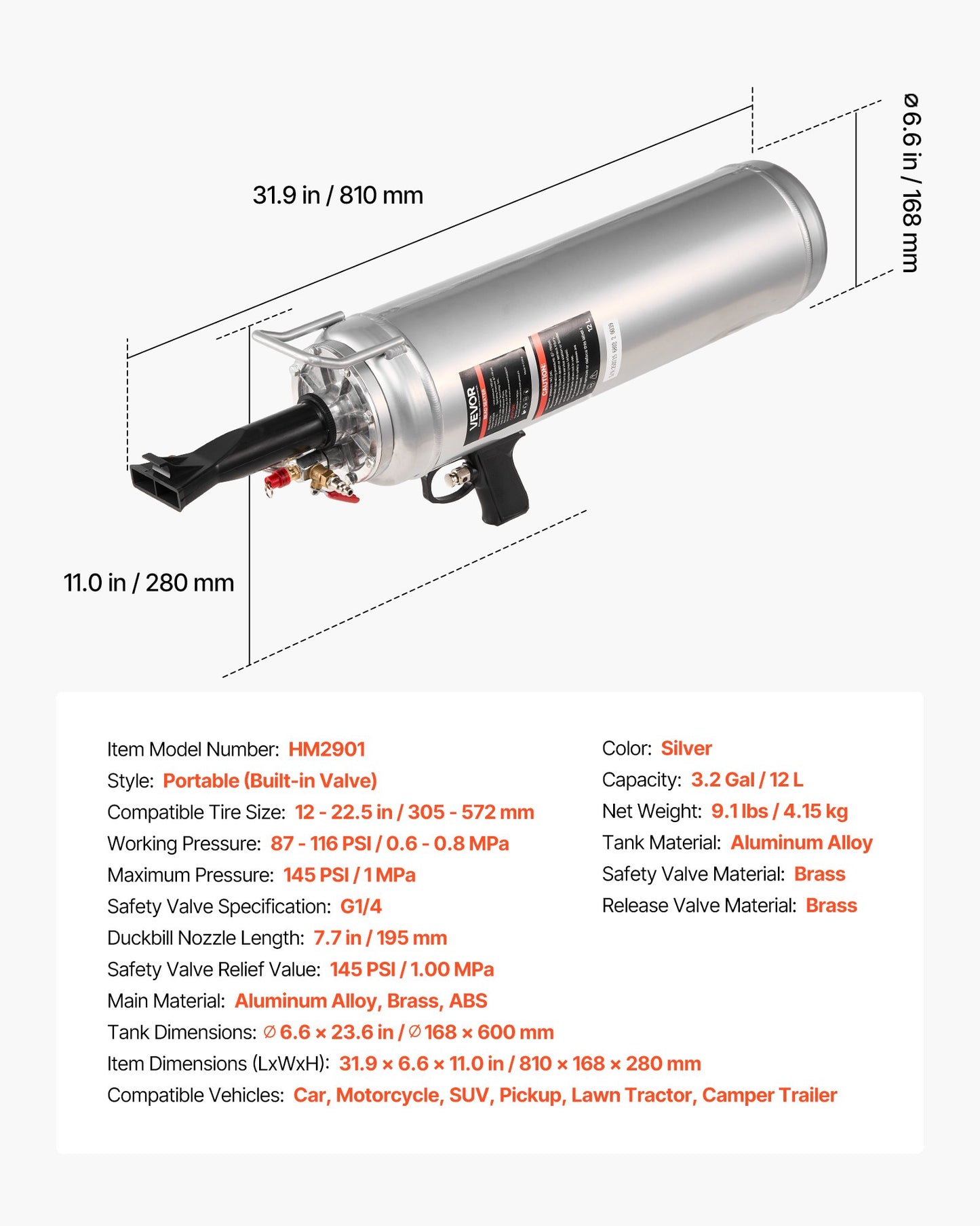 Bärbar däckpärlblåsare, 3,2 gallon / 12 l luftblåsare, handhållen däckpåfyllningsmaskin, 87-116 psi driftstryck, avtryckarmonterad däckpåfyllningsmaskin för bil, kompakt SUV, lätt lastbil, elcykel, husbil, fyrhjuling