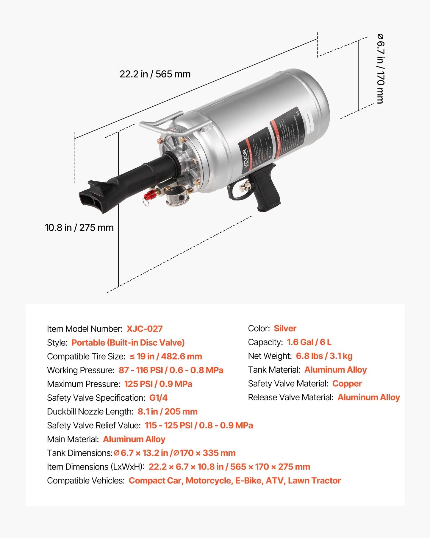 Portable Tire Bead Seater, 1.6 Gal / 6 L Air Bead Blaster, Handheld Tire Inflator Tool, 87-116 PSI Operating Pressure, Trigger Seating Inflator for Car, Compact SUV, Light Truck, E-Bike, RV, ATV