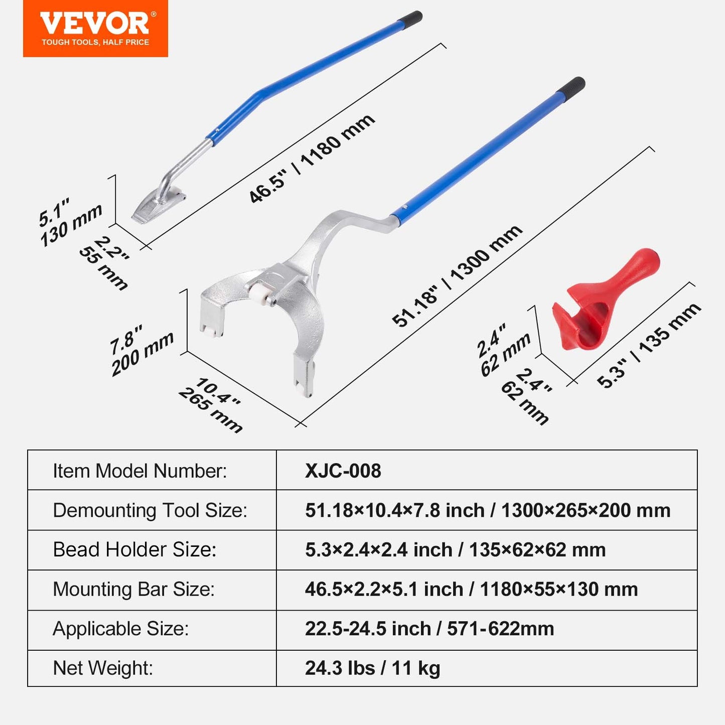 Tire Mount Demount Tool, 571-622 mm Manual Steel Tire Changer Mount Demount Removal Tool, with Extra Bead Holder, Tubeless Truck Bead Breaker, 3 PCS Tire Changing Tools, Orange