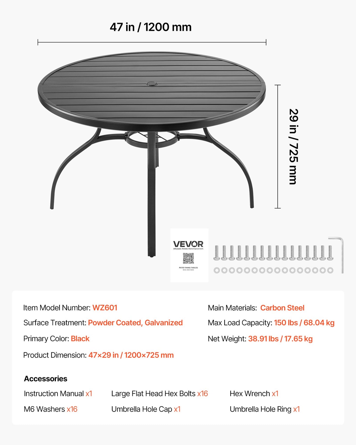 Matbord för utomhusbruk, 120 cm runda bistrobord i metall och stål, med 38 mm paraplyhål, stora utomhusmöbler i alla väder för gräsmatta/veranda, svart