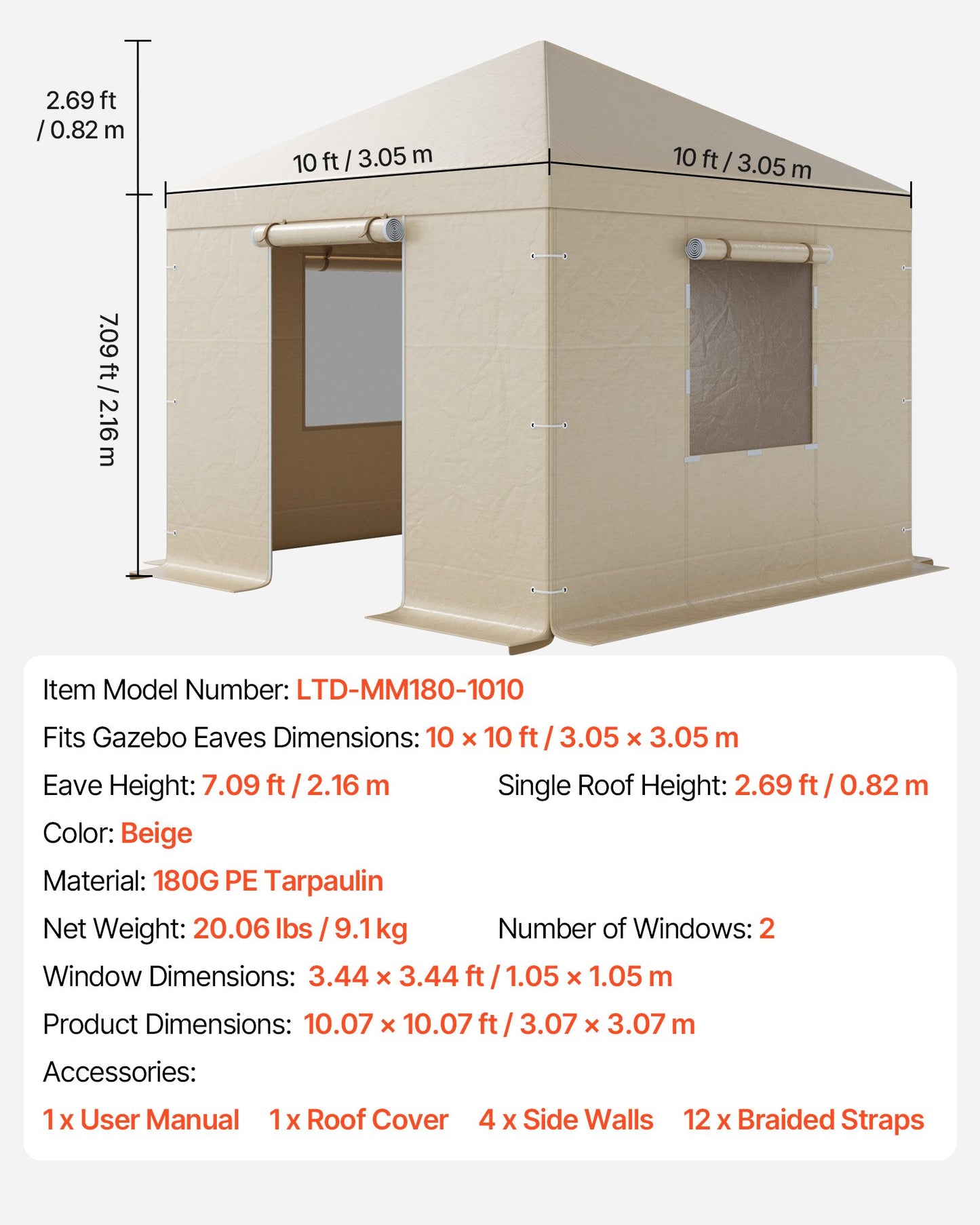 Vinterpaviljongöverdrag passar 3,05 x 3,05 m paviljonger med hård tak, allväderspaviljongöverdrag med sidoväggar och fönster, högdensitets PE-material, slutna förvaringsskydd, paviljonger ingår ej