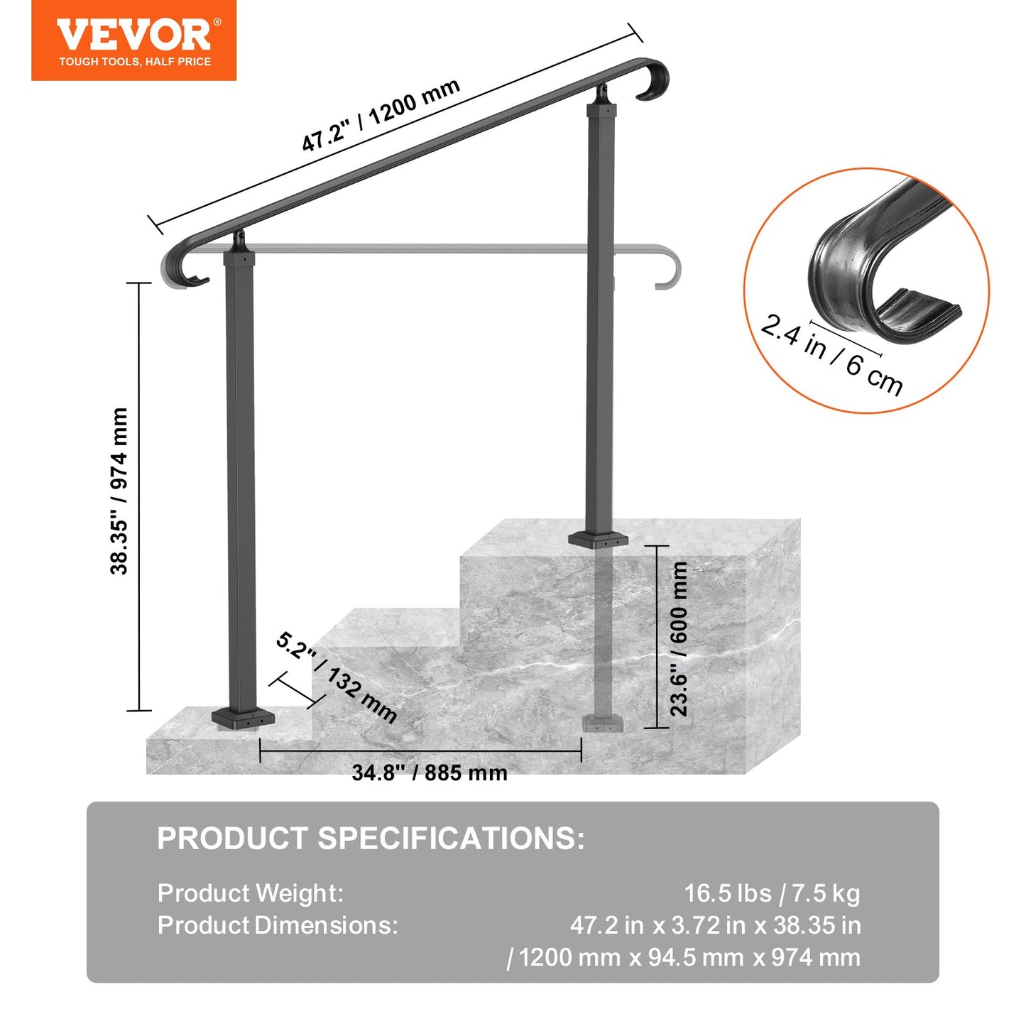 Smidesjärnsräcke, passar för 2 eller 3 steg utomhustrappräcke, justerbart ledstång för veranda, svart övergångsräcke för betongsteg eller trätrappor med installationskit