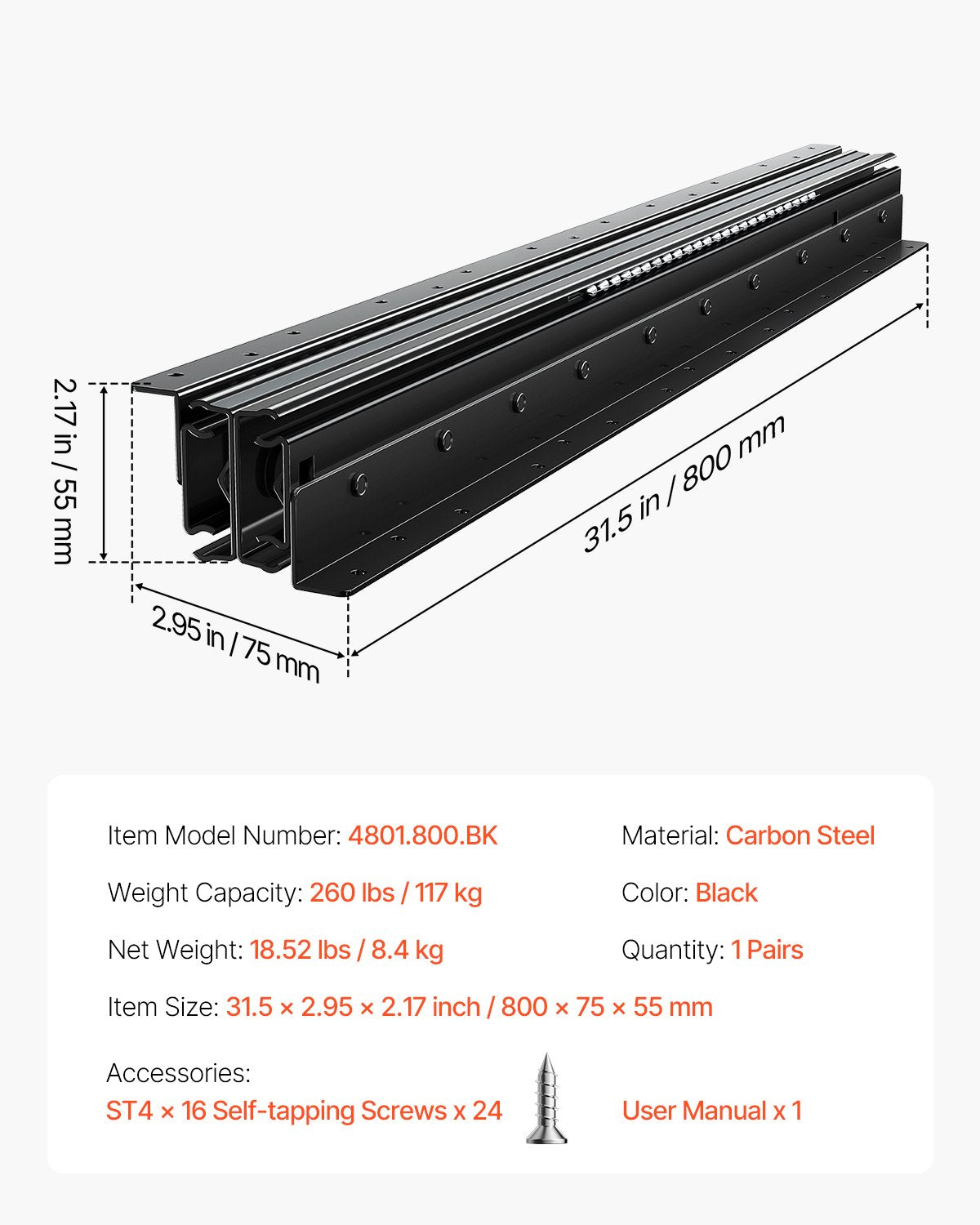 Undermount Drawer Slides, 32 inch, Full Extension Ball Bearing Under Stair Cabinet Rails, 260 LB Load Capacity Heavy Duty Bottom Stair Cabinet Glides Track Runners,for DIY Replacement, Black