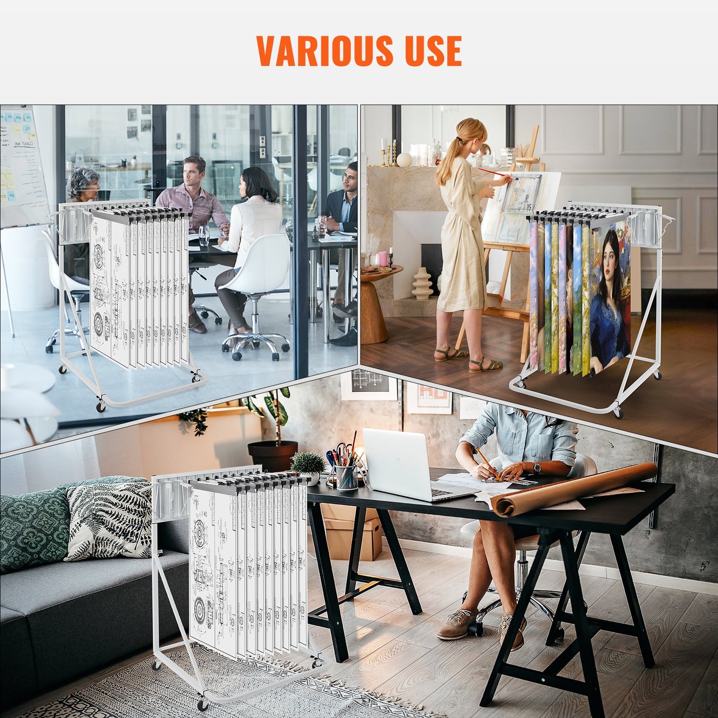 Mobile Blueprint Storage Rack, Plan Holder with 12 Pivot Brackets, Mobile Blueprint Holder Adjustable Height & Length, Poster Display Rack for Office and Home (Rack Only Without Clamps)