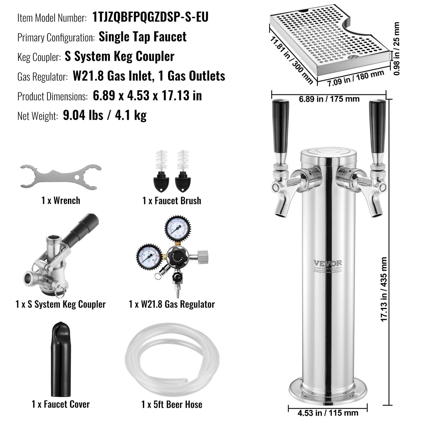 Kegerator Tower Kit, Single Tap Beer Conversion Kit, Stainless Steel Keg Beer Tower Dispenser with Dual Gauge W21.8 Regulator & S-System Keg Coupler, Beer Drip Tray for Party Home