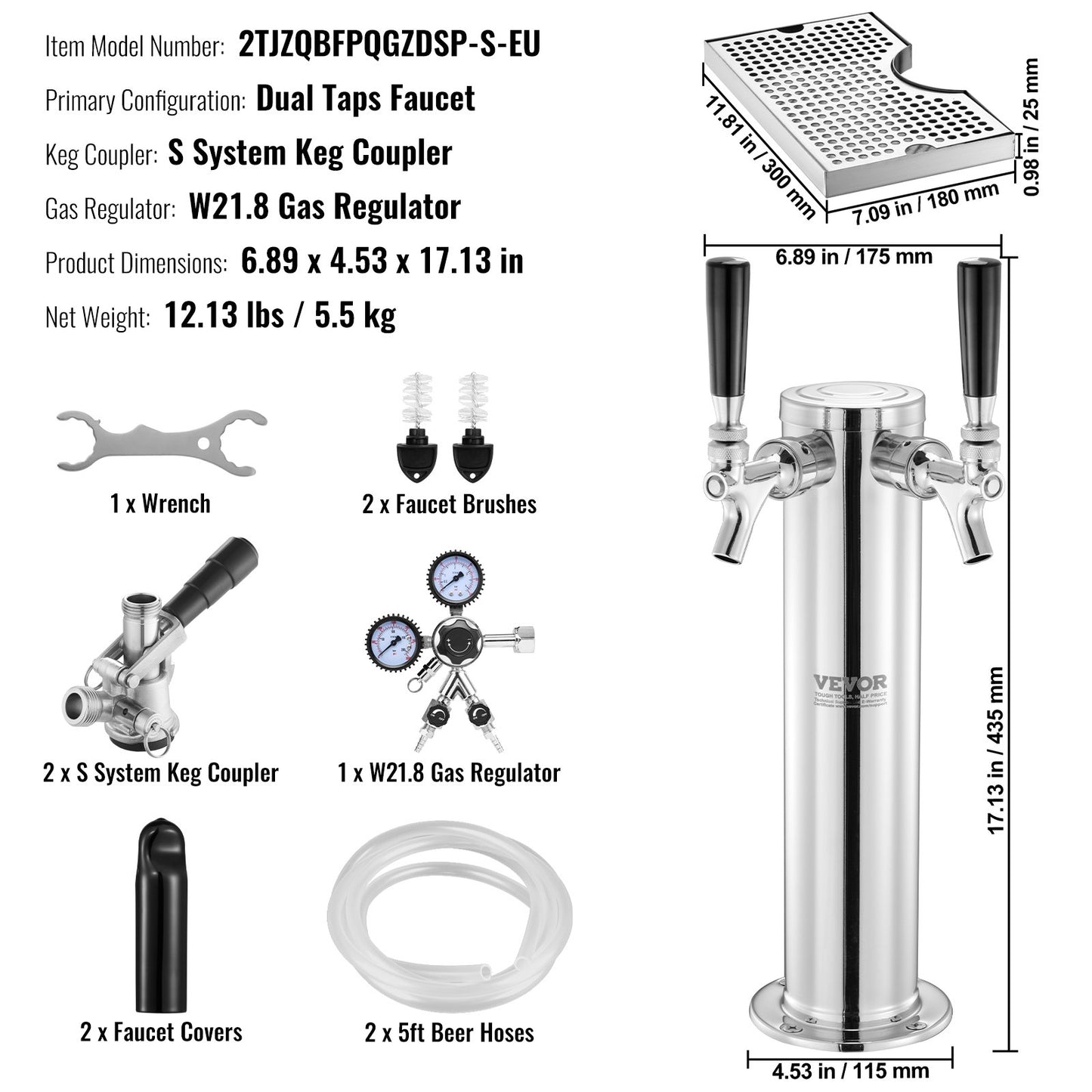 Kegerator Tower Kit, ölkonverteringskit med dubbla kranar, öltornsdispenser i rostfritt stål med dubbel mätare, W21.8-regulator och S-System-fatkoppling, droppbricka för öl för fester och hem.