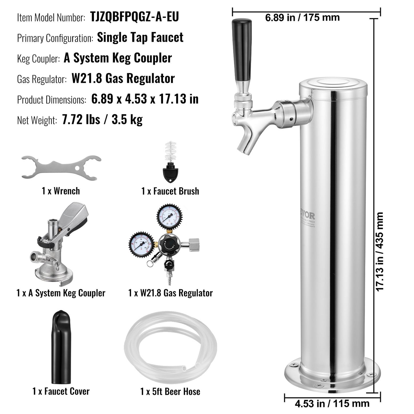 Kegerator Tower Kit, konverteringskit för öl med en tapp, öltornsdispenser i rostfritt stål med dubbel mätare, W21.8-regulator och A-System-fatkoppling, droppbricka för öl för fester och hem.
