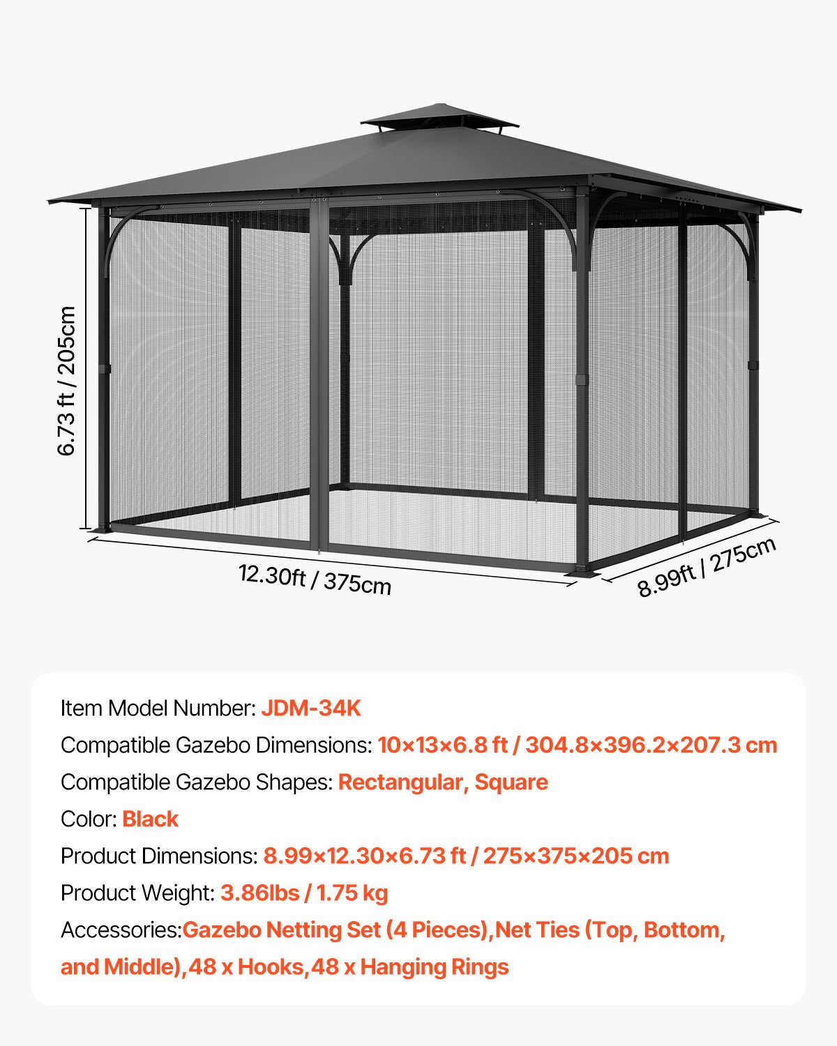 Nät för paviljonger, passar de flesta 10 x 13 x 6,8 fot paviljonggardiner, trädgårdsnät med 4 paneler på sidoväggarna, myggnät för uteplats med dubbel dragkedja, skärm för tak (endast nät)