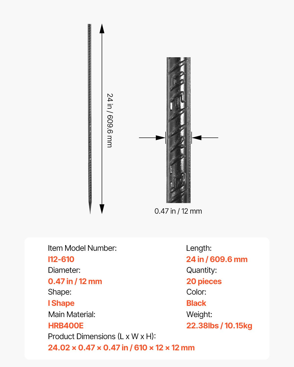 Rebar Stakes, 609,6 mm / 24-Inch, Heavy-Duty 0.47 in Diameter, Straight Galvanized Steel Ground Anchors with Chisel Point End & Rust-Resistant Coating, for Gardening Support, Fence, Camping Tents (20-Pack)