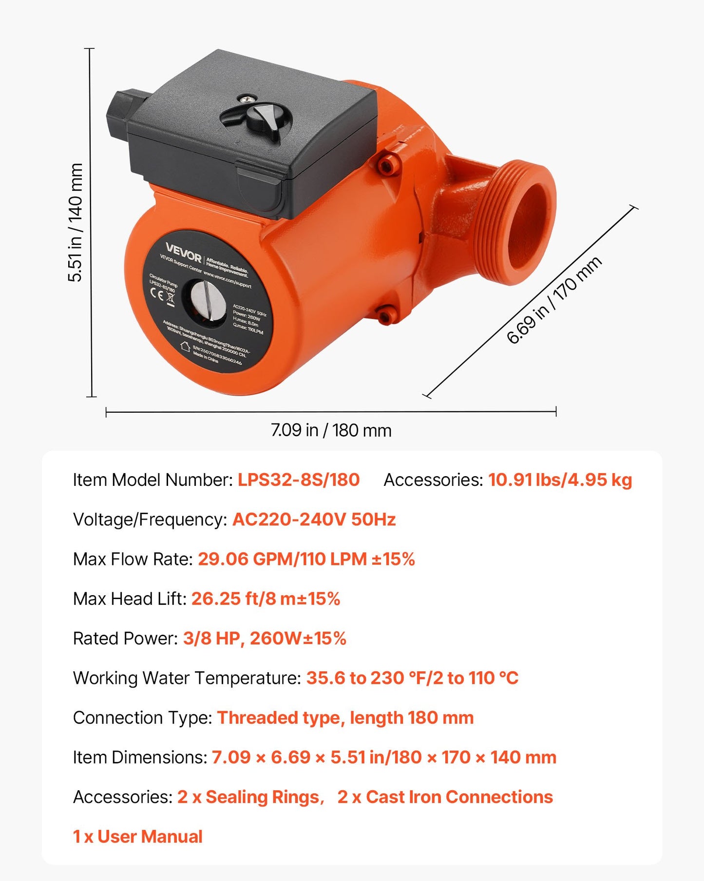 LPS32-8S/180 Gjutjärnscirkulationspump, 3/8 hk, 220-240V 110 l/min varmvattencirkulationspump, gängad anslutning, 3-växlad justering, tyst drift, för värmesystem i hemmet