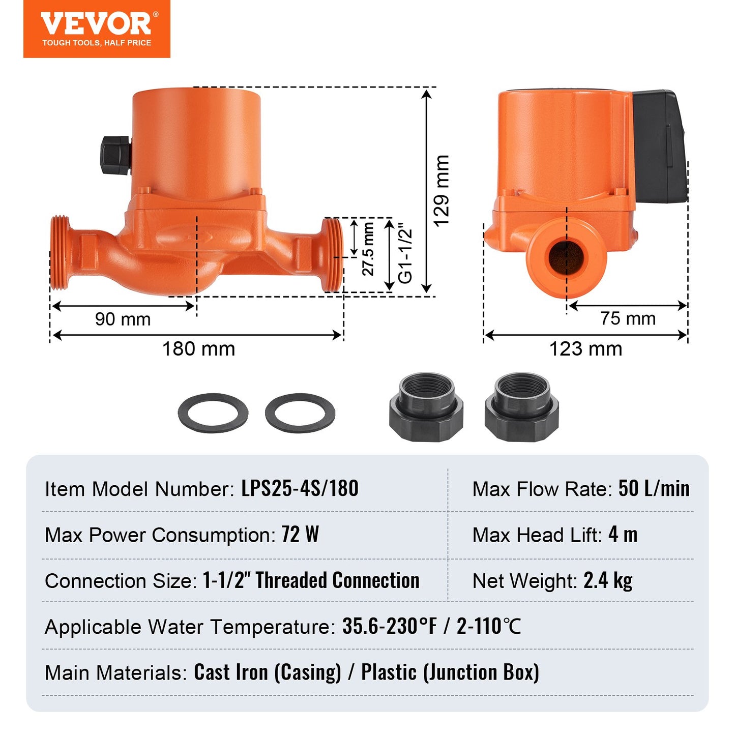 LPS25-4S-180 Hot Water Recirculating Pump, 220V, 72W 50LPM Hot Water Circulation Pump, 38 mm(1.5") Threaded NPT 3-Speed Circulator Pump, Quiet Operation Circulator Pump for Home Water Heater System