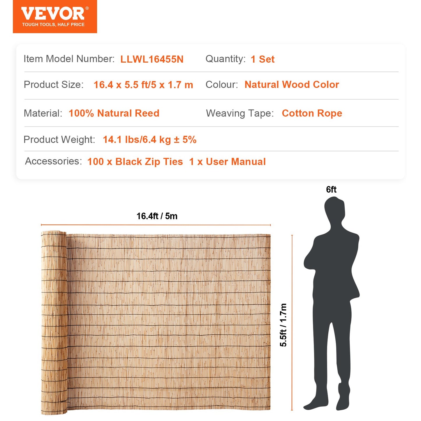 Natural Reed Fencing, 5.5 ft x 16.4 ft, Reed Screen Curtain Balcony Reed Fence Roll for Outdoor Backyard Patio, Decorative Fence for Backyard Garden Fencing Divider, Privacy Screen Panel Curtain