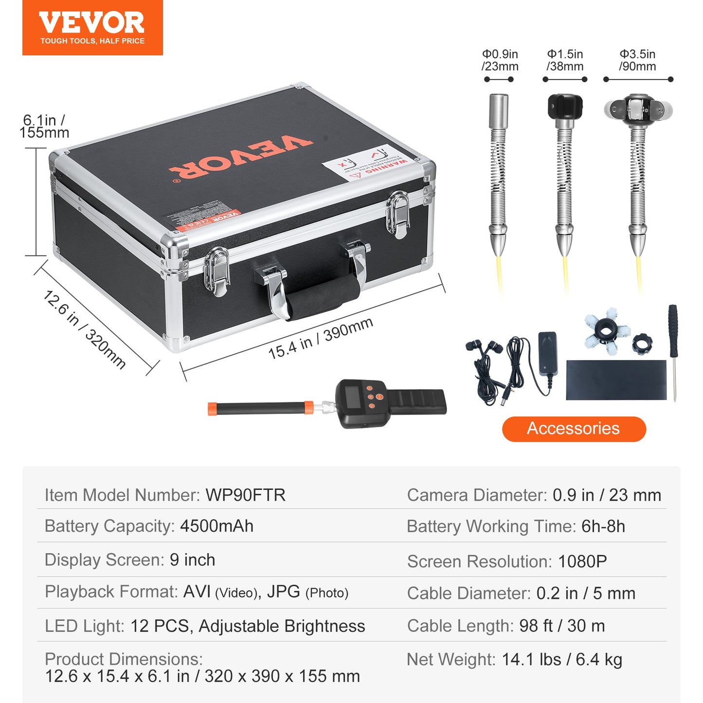 Sewer Camera 2987 cm Self-Leveling Duct Camera with 512Hz Locator 36X Zoom