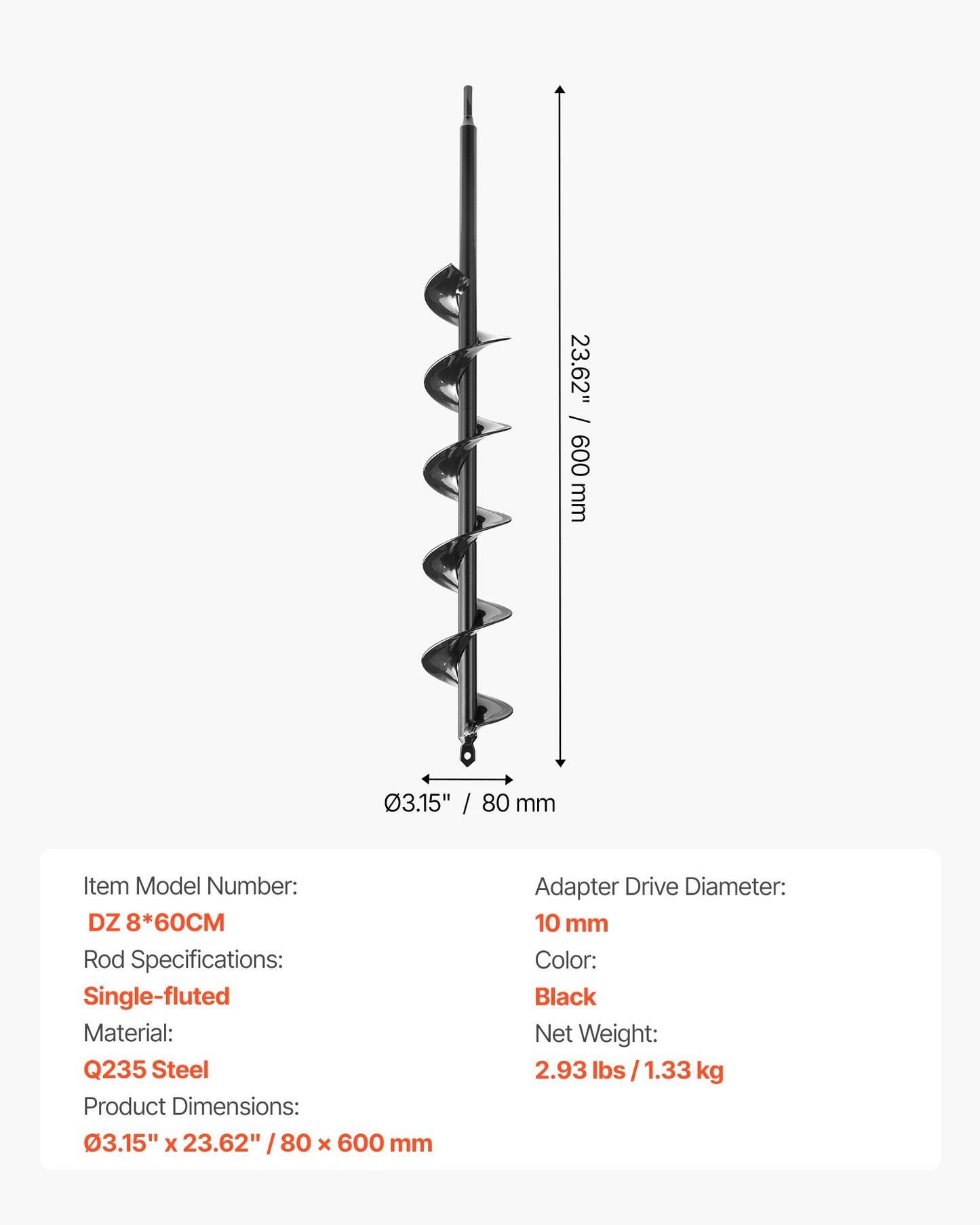Borr för plantering, 80 x 600 mm spiralborr, för 3/8" sexkantsborrar, kraftigt verktyg för lökplantering, hålborrningstillbehör för grävning av trädgårdsstolpar och staket