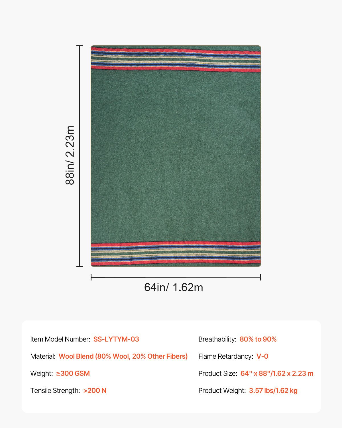 Wool Camping Blanket 1,62x2,23 m (64" x 88") Warm for Camping Hiking Travel Texture