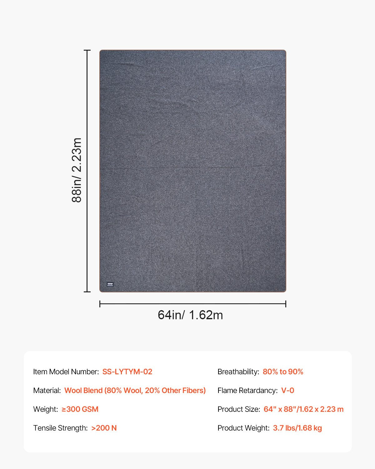 Wool Camping Blanket 1,62x2,23m / 64" x 88" Warm for Camping Hiking Travel Dark Grey