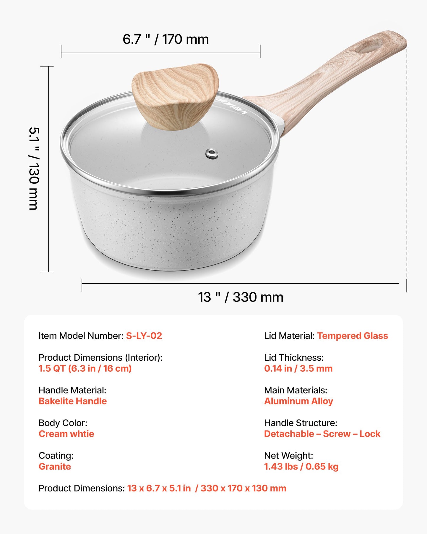 1,5 qt kastrull, nonstick-kastrull med härdat glaslock, mångsidig såsgryta med avtagbart handtag, kastrull för liten köksgryta med beläggning, induktionskompatibel, vit