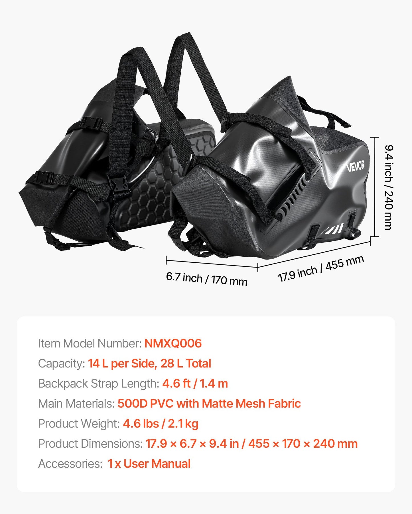 Motorcycle Saddlebags, 28 L (14 L x 2) Large Capacity Side Saddle Bags Compatible with Most Motorcycles, Waterproof Outdoor Sports Motorbike Luggage Storage Shoulder Bag with Bottom Strap, Black