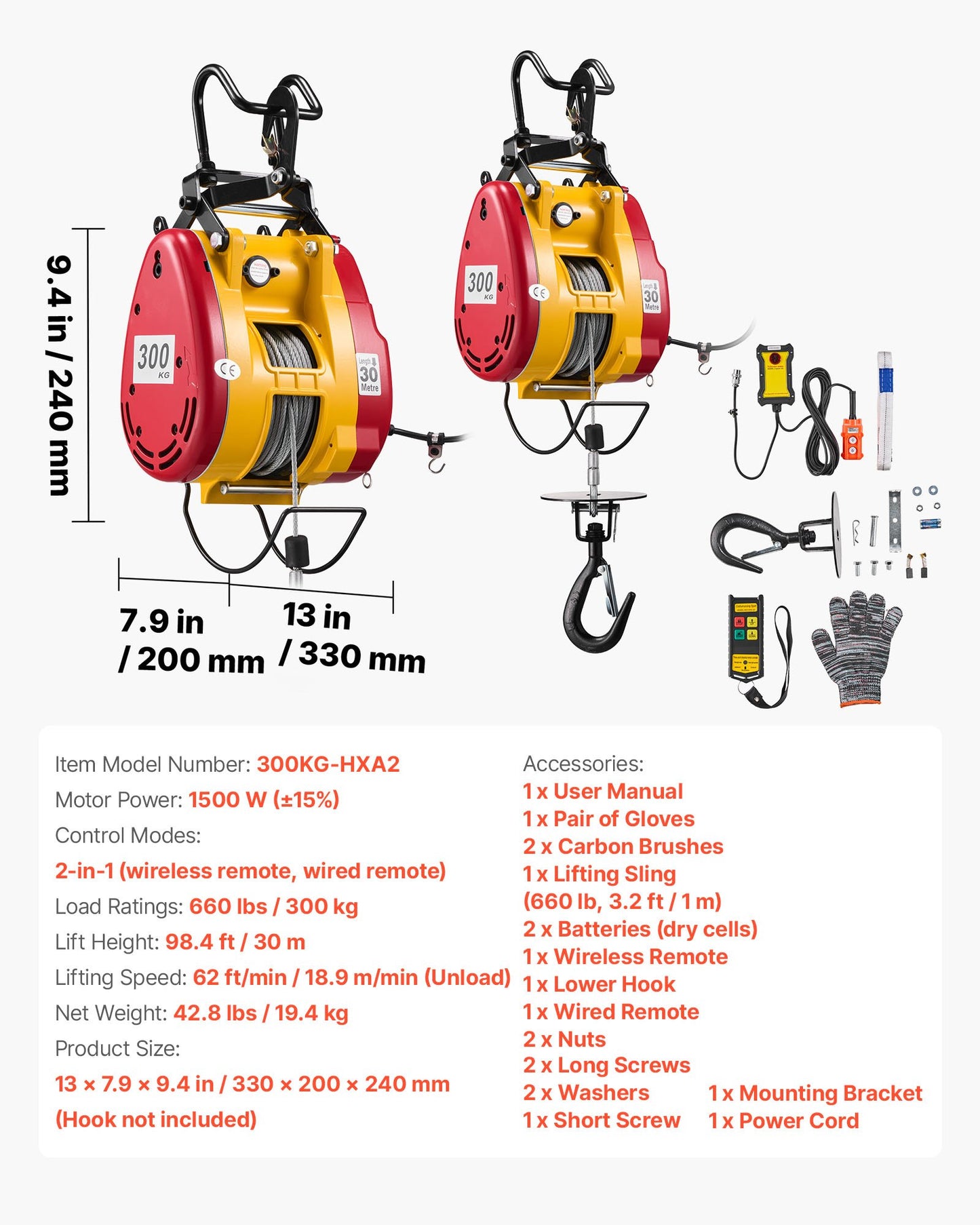 2-in-1 Electric Hoist Winch, 300 kg Capacity, 1500W Portable Power Winch Crane, 30 m Lifting Height, 18.9 m/min with Wired and Wireless Remote Control for Factory, Warehouss, Garage