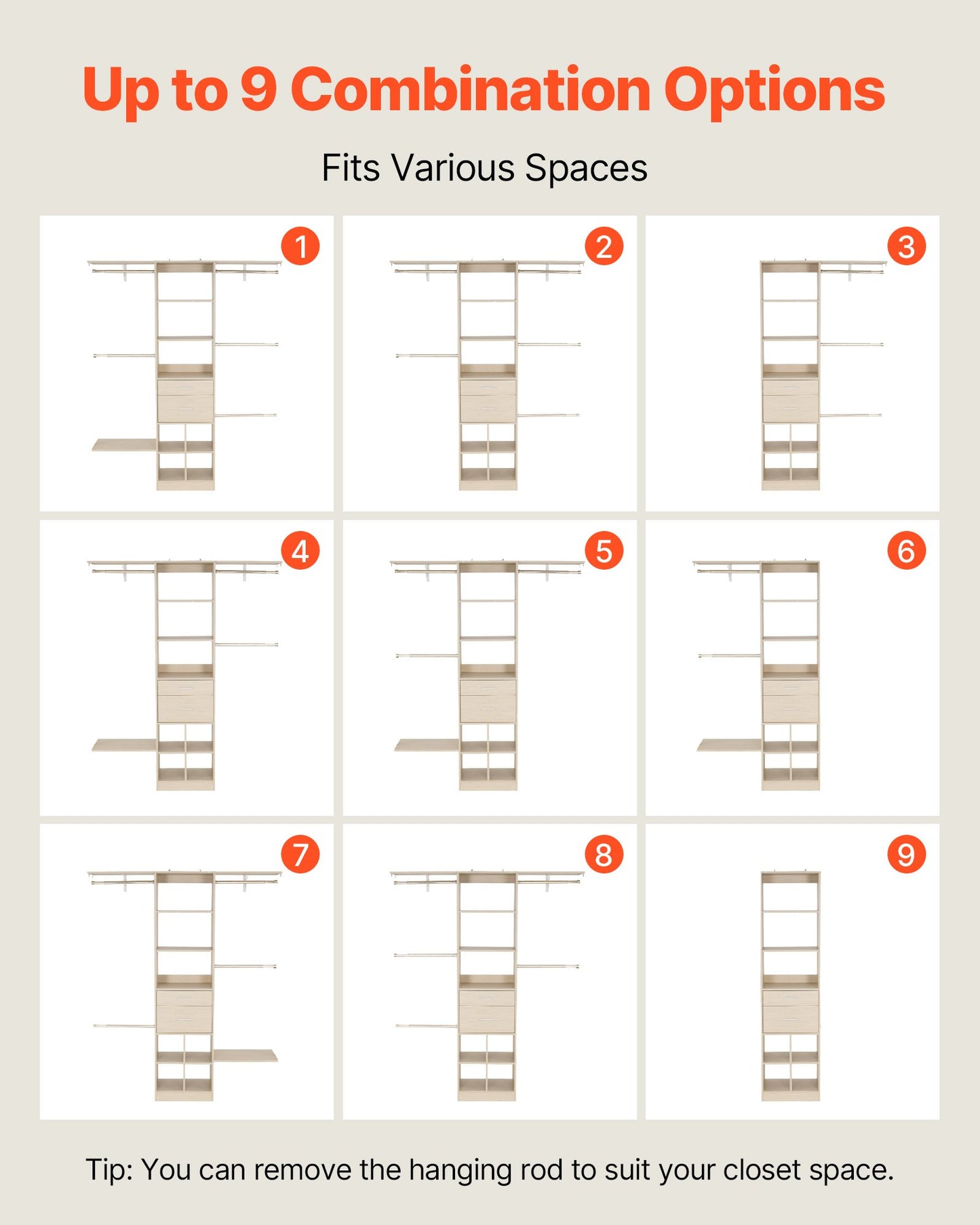 Garderobssystem med 2 lådor, justerbar höjd i trä, modern klädkammare med 5 utdragbara galgar, fristående klädställ, grå