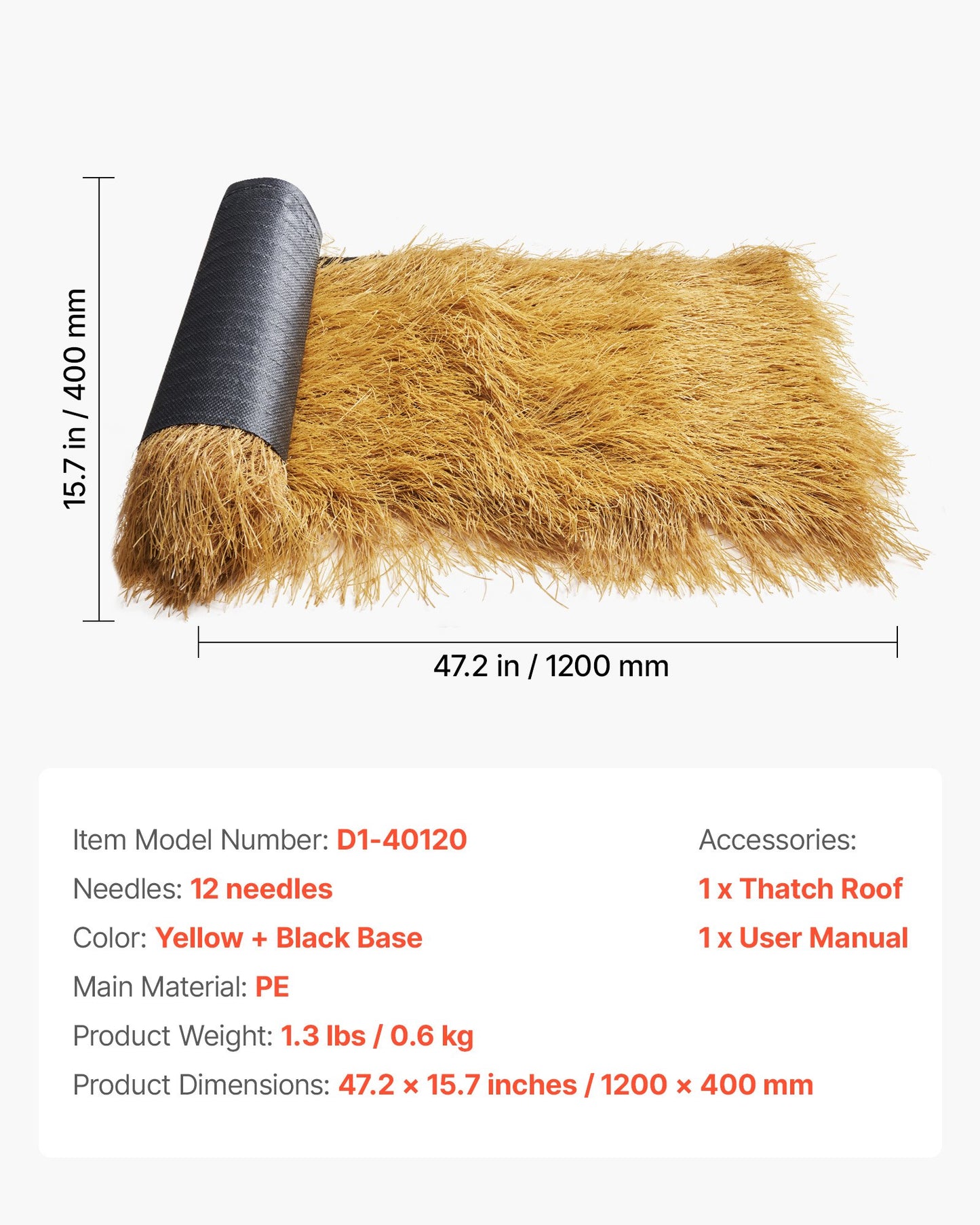 Artificial Thatch Grass Roof, 0.4 x 1.2 m Tiki Bar Hut Thatch Roofing Roll, Waterproof & Fire-Resistant, Palapa Tiki Roof Mat for Patio Pool Beach Tropical Hawaiian Party Decor