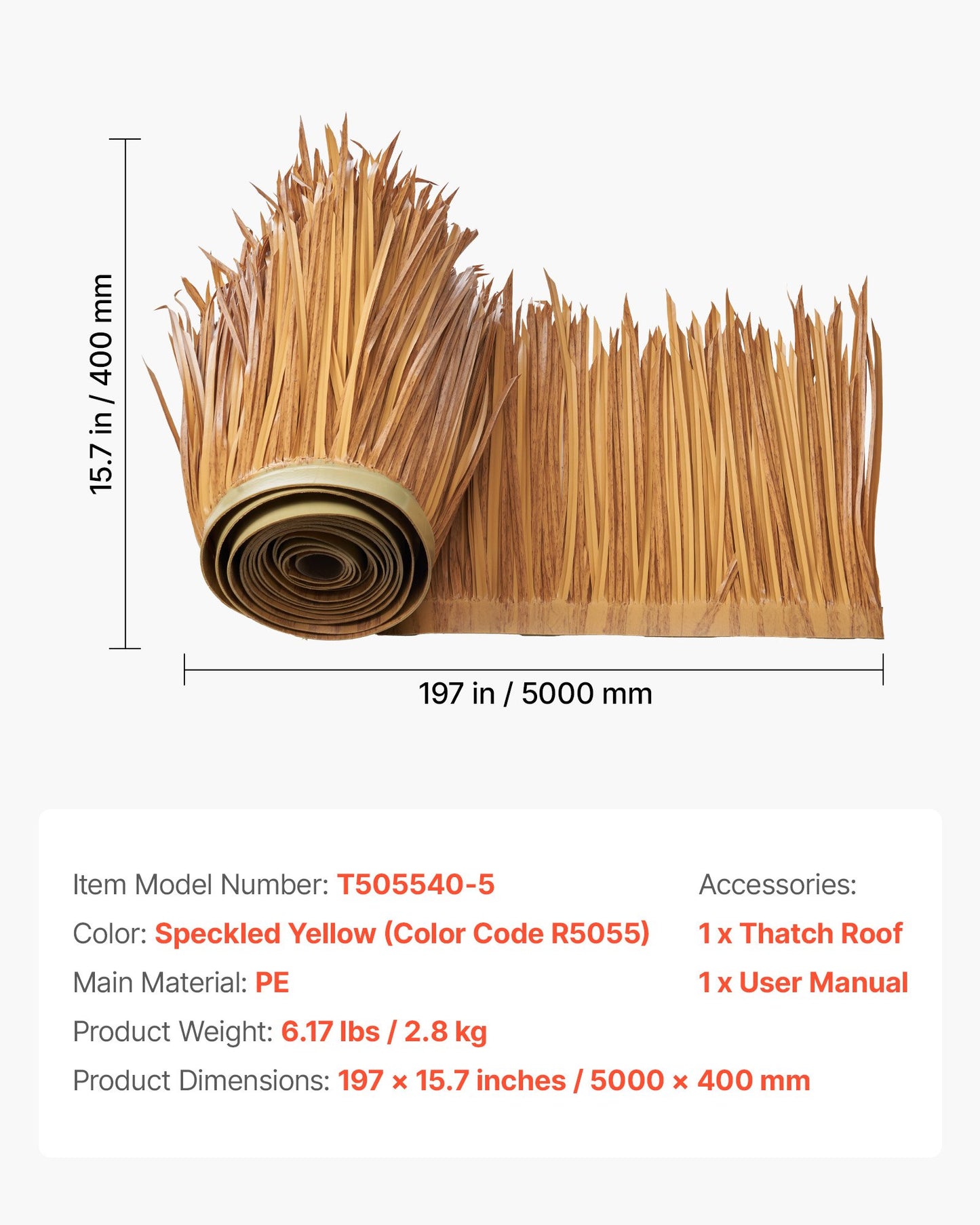 Artificial Thatch Grass Roof, 0.4 x 5 m Mexican Style Tiki Bar Hut Skirt Thatch Roofing Roll, Waterproof & Fire-Resistant, Palapa Duck Blind Grass for Patio Pool Beach Hawaiian Party Decor
