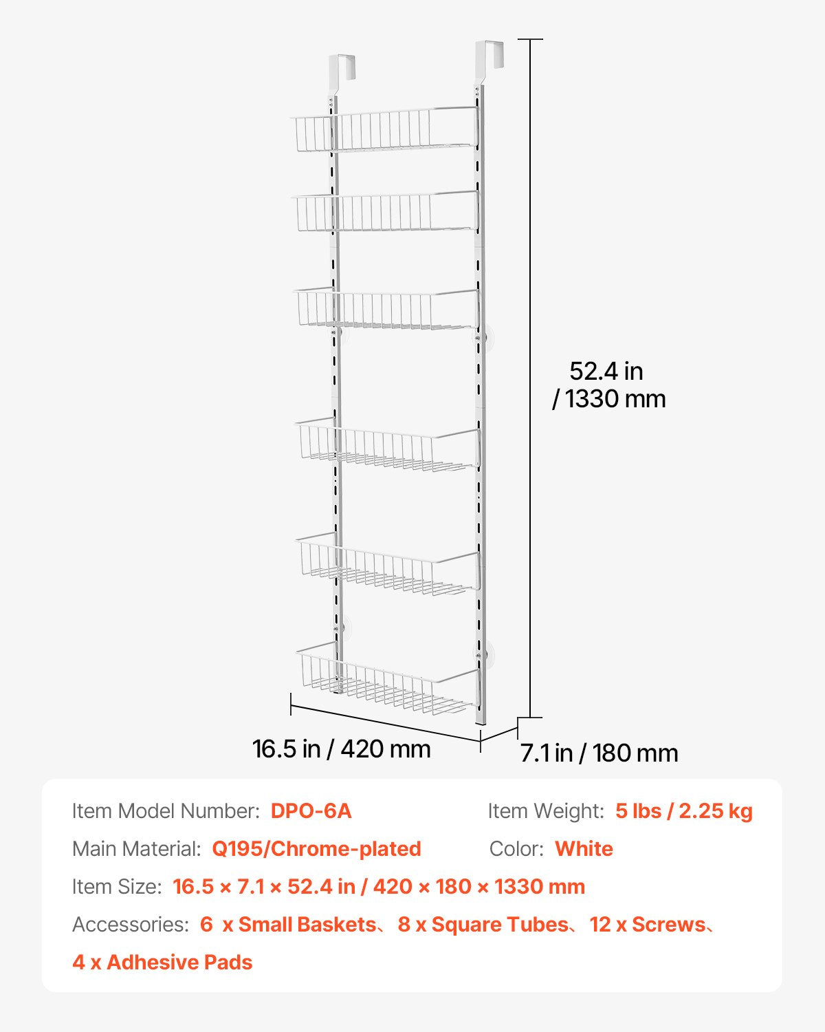 Over the Door Pantry Organizer, 6-Tier Pantry Organization and Storage, Heavy-Duty Steel Hanging Spice Rack, Adjustable Wall Seasoning Shelves, for Home Kitchen Laundry Room Bathroom, White