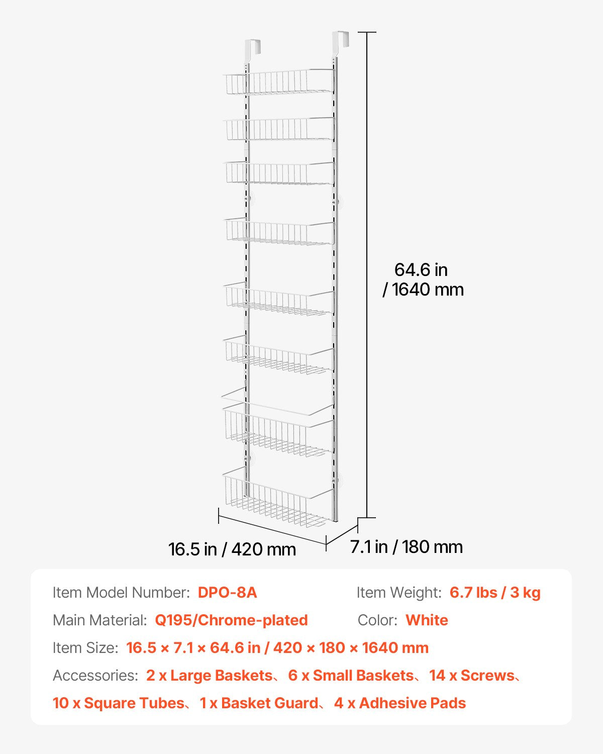 Over the Door Pantry Organizer, 8-Tier Pantry Organization and Storage, Heavy-Duty Steel Hanging Spice Rack, Adjustable Wall Seasoning Shelves, for Home Kitchen Laundry Room Bathroom, White