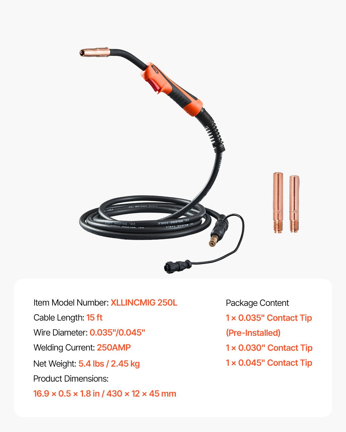 250Amp Mig Welding Gun with 15FT Cable, Compatible with LincoIn Power MlG 200, 215, 216, 255 and Wire-Matic 255 Welders, Suitable for 0.035" and 0.045" Welding Wires