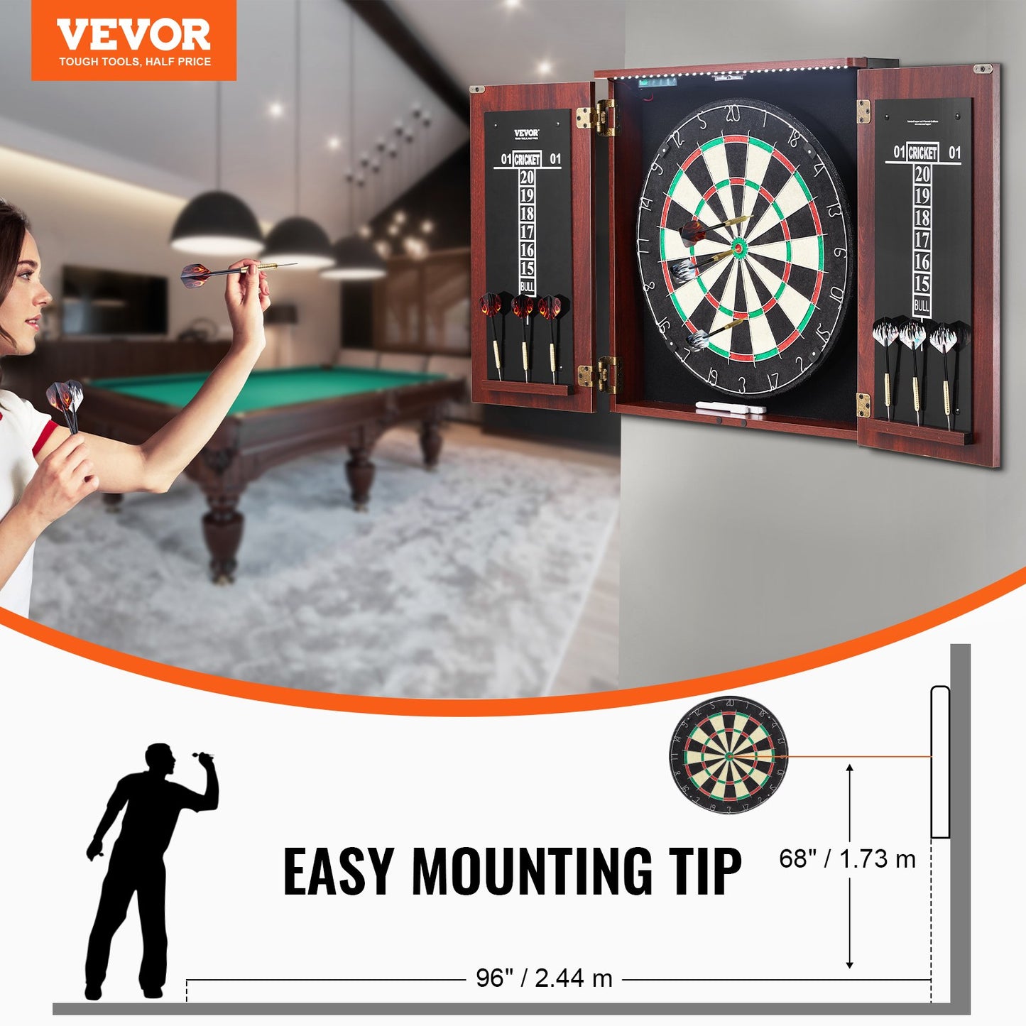 Dartboard and Cabinet Set, Ready-to-Play Bundle Official Size Dartboard Cabinet, Steel Tip Dart Hideaway Cabinet, Features LED Light, Easy Assembly, Complete with All Accessory, for Cricket Game