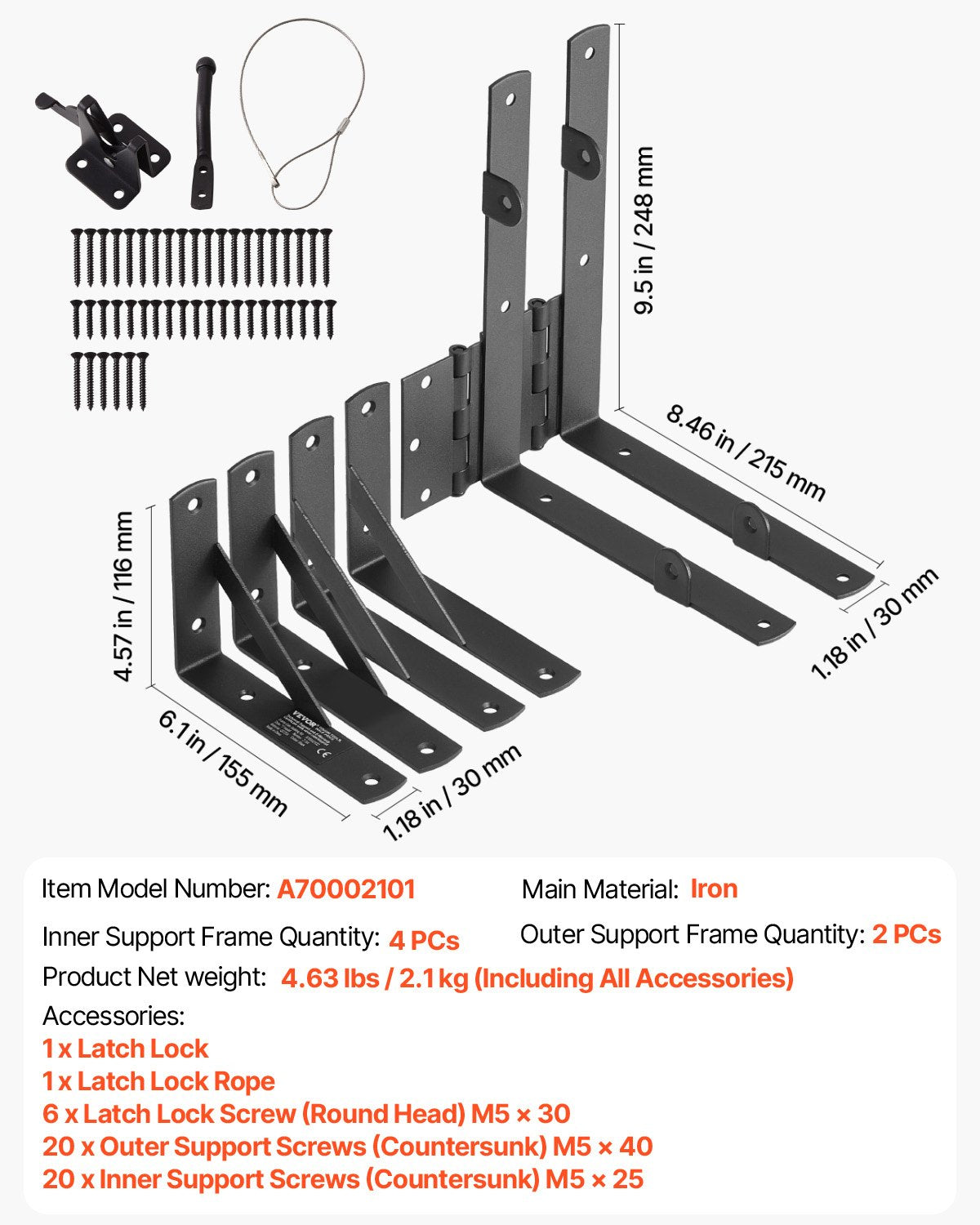 Gate Corner Brace Bracket, Anti Sag Gate Frame Hardware Kit, Gate Frame Brace Bracket with Latch Lock Rope, Latch Lock, for Shed Doors, Corral Gates, Driveway Gates, Wood Windows, Iron, Black