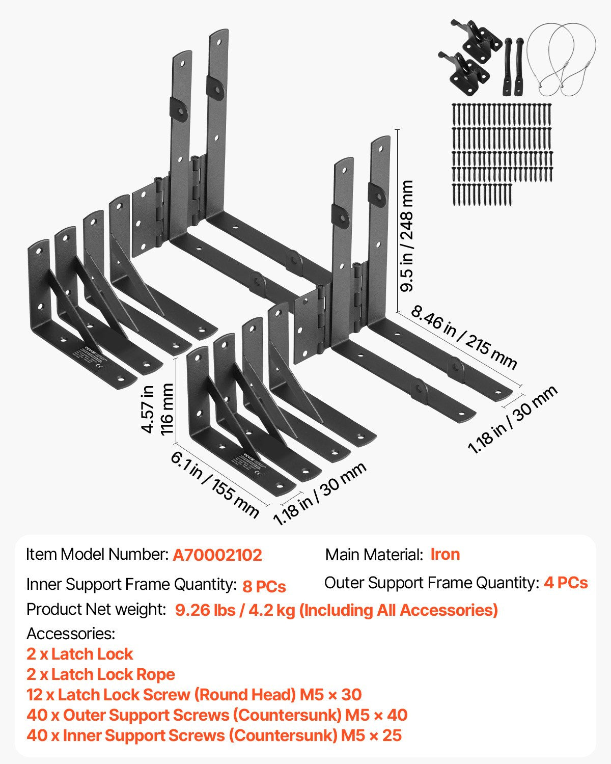 Hörnfäste för grind, 2 set, grindramsfäste med lås, skruvar, för skjulportar, inhägnader, uppfarter, träfönster, järn, svart