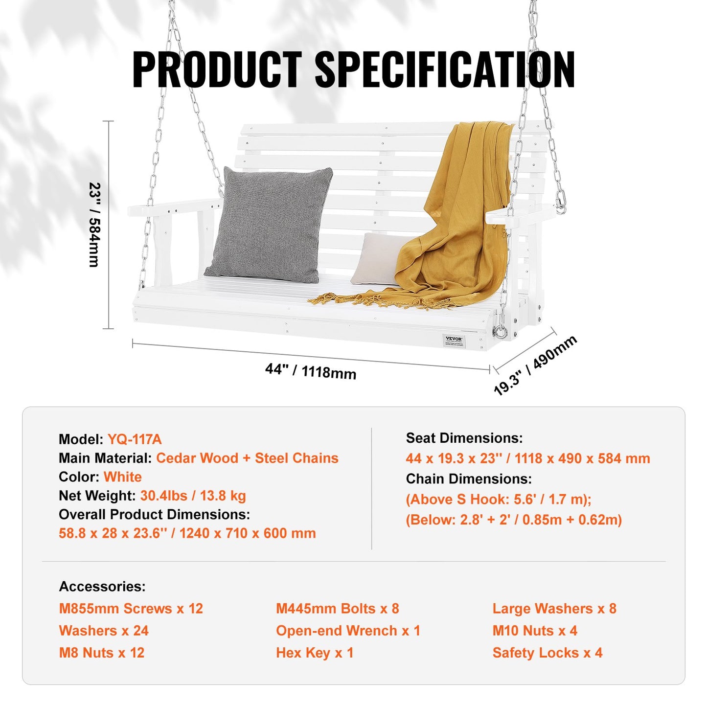 Wooden Porch Swing 4 ft, Patio bench swing for Courtyard & Garden, Upgraded 880 lbs Strong Load Capacity, Heavy Duty Swing Chair Bench with Hanging Chains for Outdoors, White