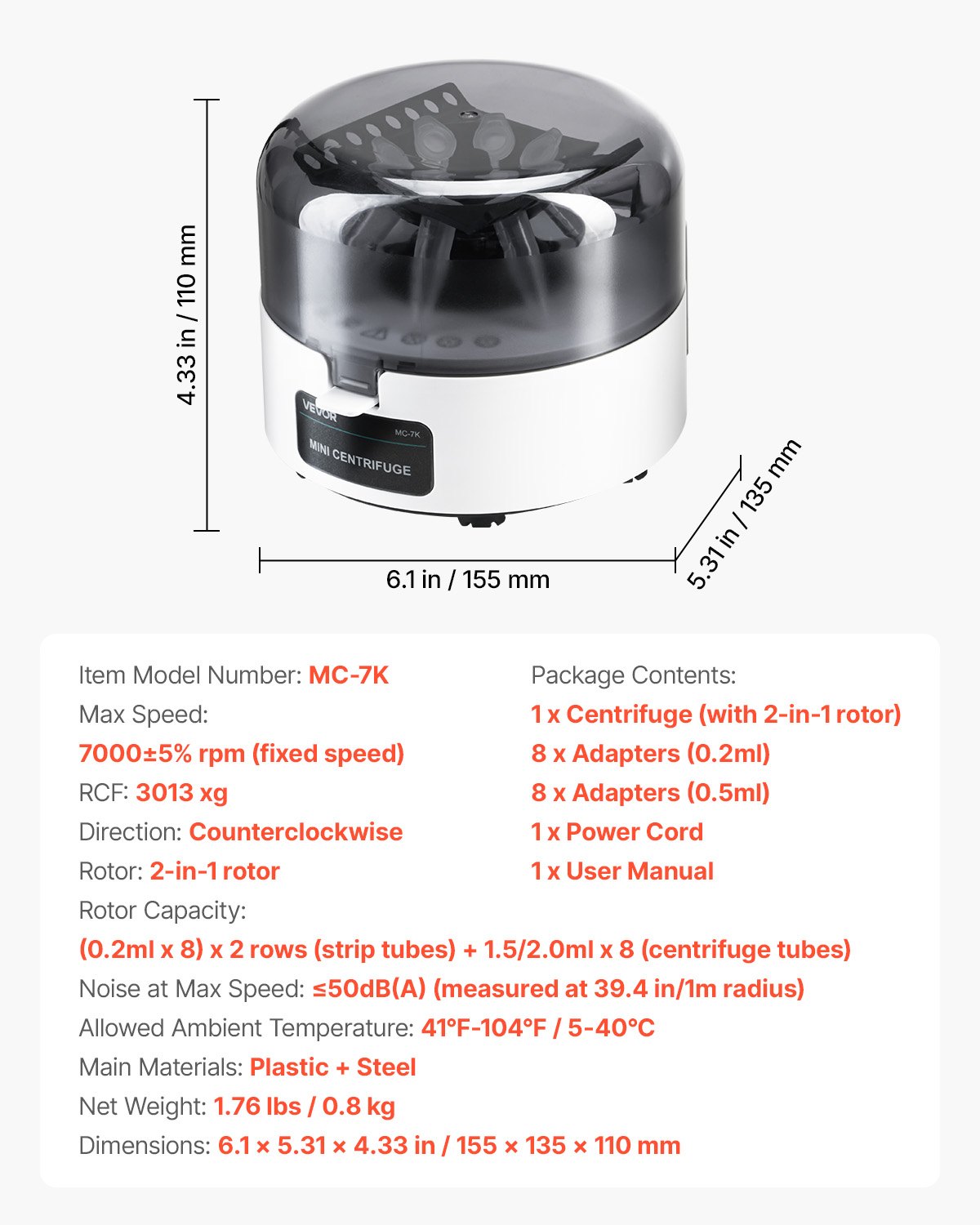 Mini Centrifuge Machine, 3013xg RCF Electric Laboratory Centrifuge Machine with 2-in-1 Rotor for 0.2/1.5/2ml Tube Capacity, Fixed Speed 7000r/min, Low Noise, Widely Used in Various Experiments