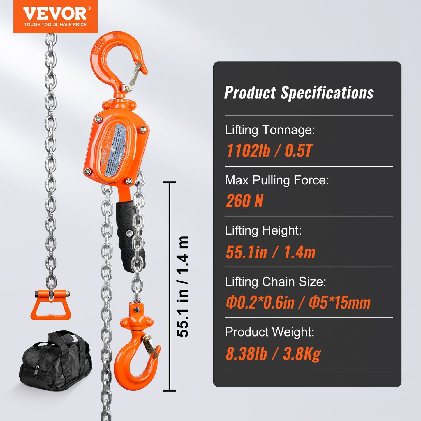 Manual Lever Chain Hoist, 1/2 Ton 499.5 kg Capacity 1.5m Come Along, G80 Galvanized Carbon Steel with Weston Double-Pawl Brake, Auto Chain Leading & 360° Rotation Hook, for Garage Factory Dock
