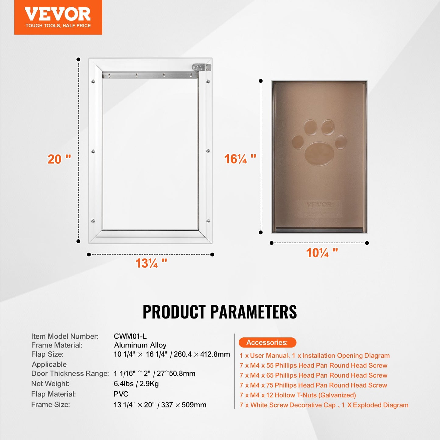 Pet Door, 13.27" x 20.04" Aluminum Frame with Lock and Flap System, Weatherproof Doggy Door, Easy to Install in Interior or Exterior Doors, Pet Door Suitable for Cat Doggie Kitties (White-L)