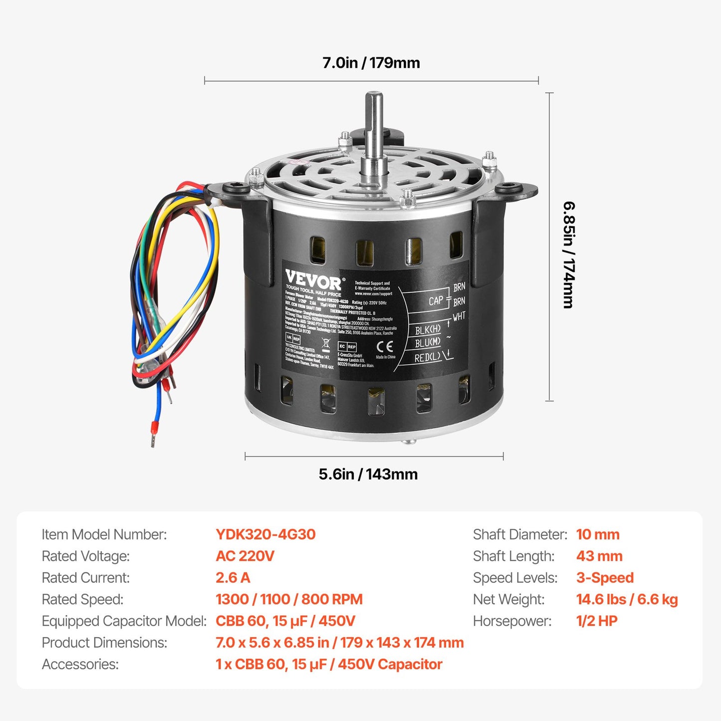 1/2HP Furnace Blower Motor, 220V 2.6Amps, 1300RPM 3-Speed, 10mm Shaft Diameter, 20mm Shaft Length, ROT. CCW from Shaft End, Includes CBB60 15μF/450V Capacitor