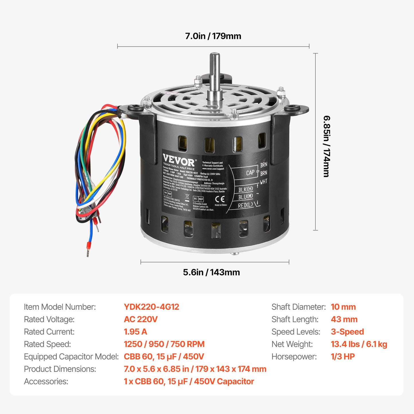 1/3HP Furnace Blower Motor, 220V 1.95Amps, 1250RPM 3-Speed, 10mm Shaft Diameter, 20mm Shaft Length, ROT. CCW from Shaft End, Includes CBB60 15μF/450V Capacitor