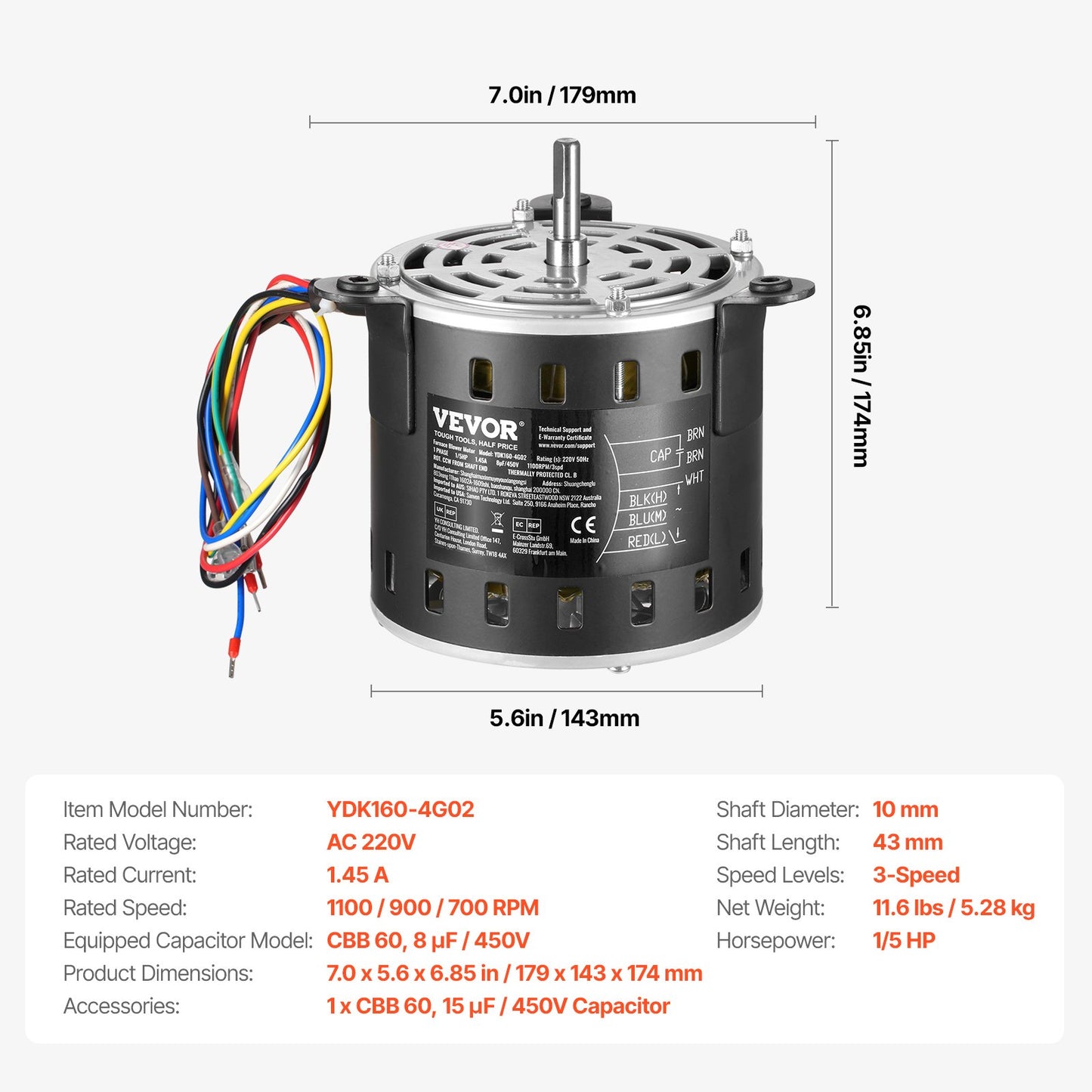 1/5HP Furnace Blower Motor, 220V 1.45Amps, 1100RPM 3-Speed, 10mm Shaft Diameter, 20mm Shaft Length, ROT. CCW from Shaft End, Includes CBB60 8μF/450V Capacitor