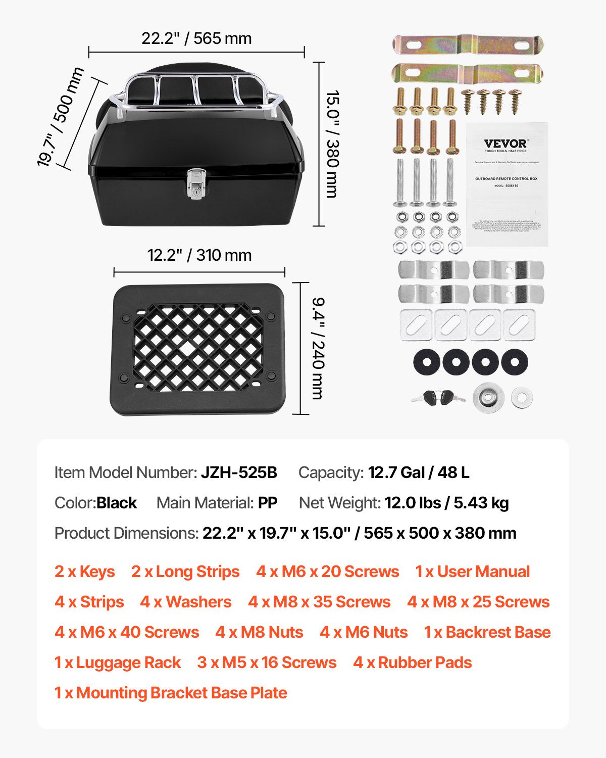 Motorcycle Top Case, Universal Durable PP Material Motorbike Tail Box with Reflective Panel, 48L Waterproof Detachable Motorcycle Top Box with Multi-Hole Base, Fit for 99% of Motorcycle Frames